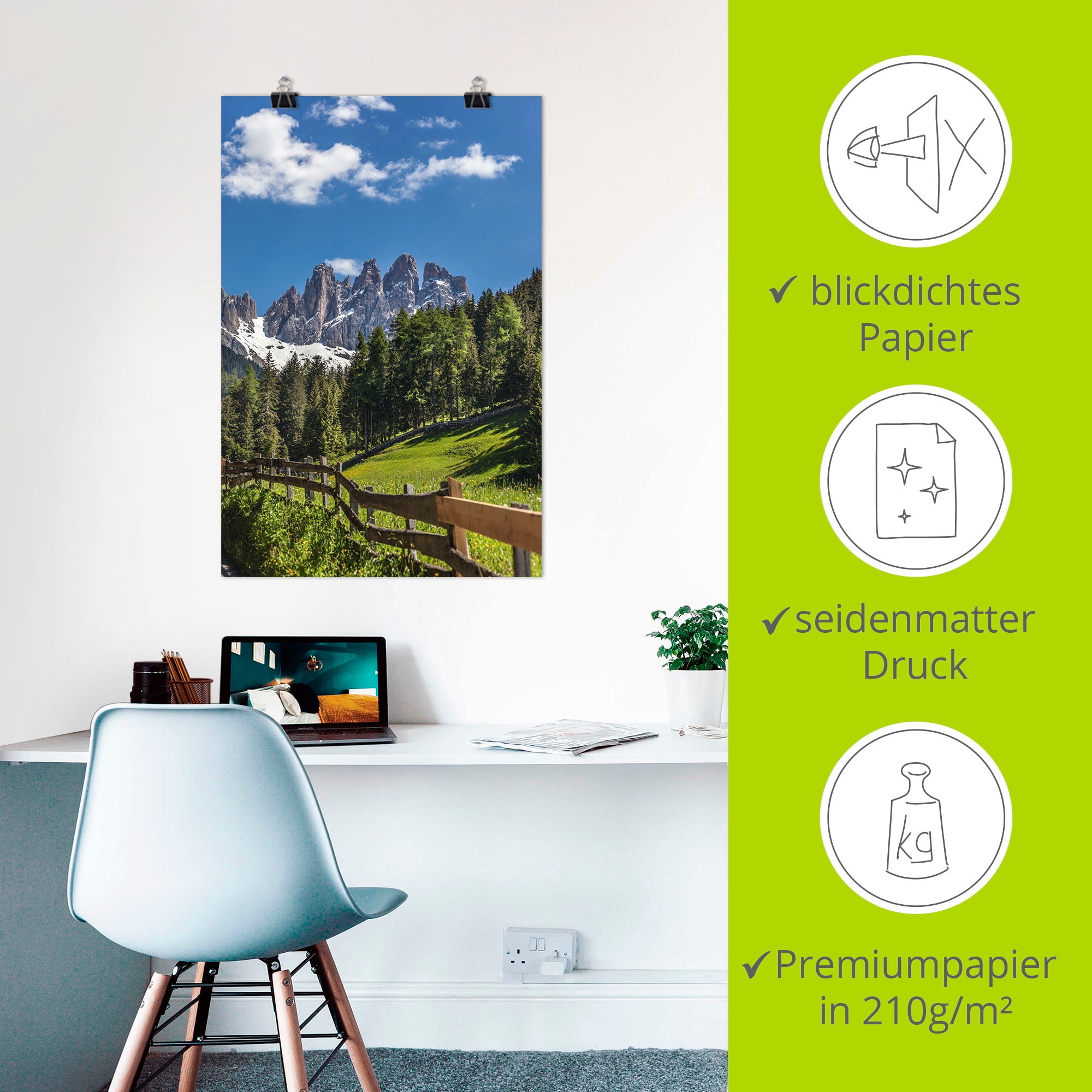 Artland Wandbild »Villnösstal mit Dolomiten, Südtirol«, Berge & Alpenbilder, (1 St.), als Leinwandbild, Poster in verschied. Größen