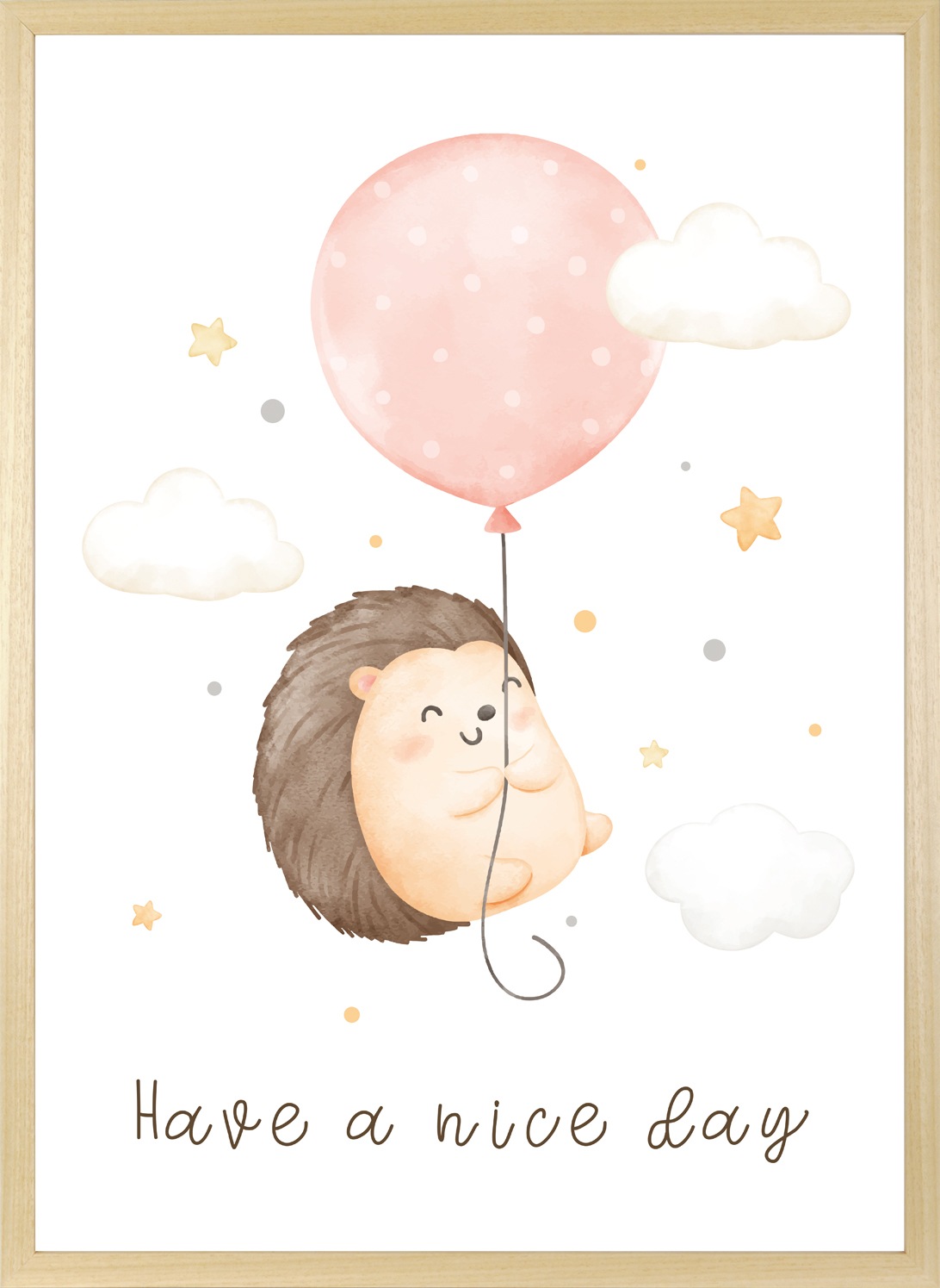 queence Bild mit Rahmen »Fliegender Igel mit Ballon«, Bilder vom Sternenhimmel-Himmel-Himmelsbilder-Luftballon-Schriftzug-Stern-Sterne-Tiere-Wolken, (1 St.), HD Premium Posterdruck mit Echtholzrahmen