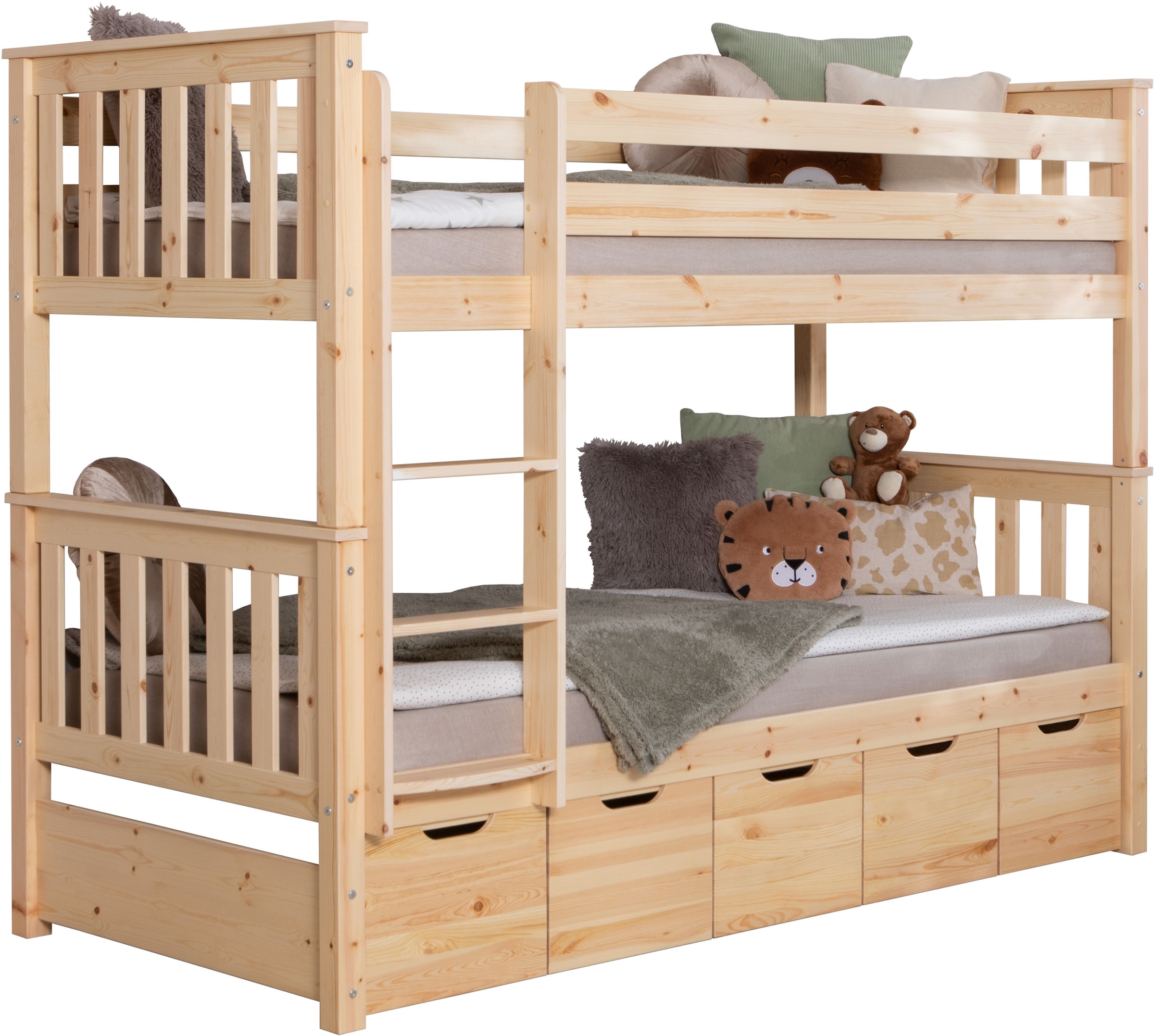 Ticaa Etagenbett »Sammy«, (90x200cm), mit Stauraum, umbaubar zu 2 Einzelbetten, Rollrost, Massivholz