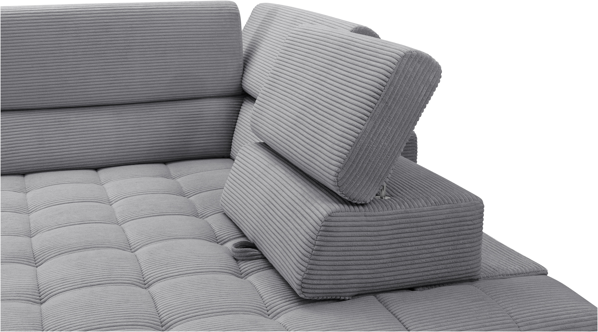 exxpo - sofa fashion Ecksofa »Elianos, hoher Sitzkomfort, aufwendige Kreuzsteppung im Sitz, L-Form«, Kopfteile & Sitztiefe verstellbar, ohne Bettfunktion, Cord, grey