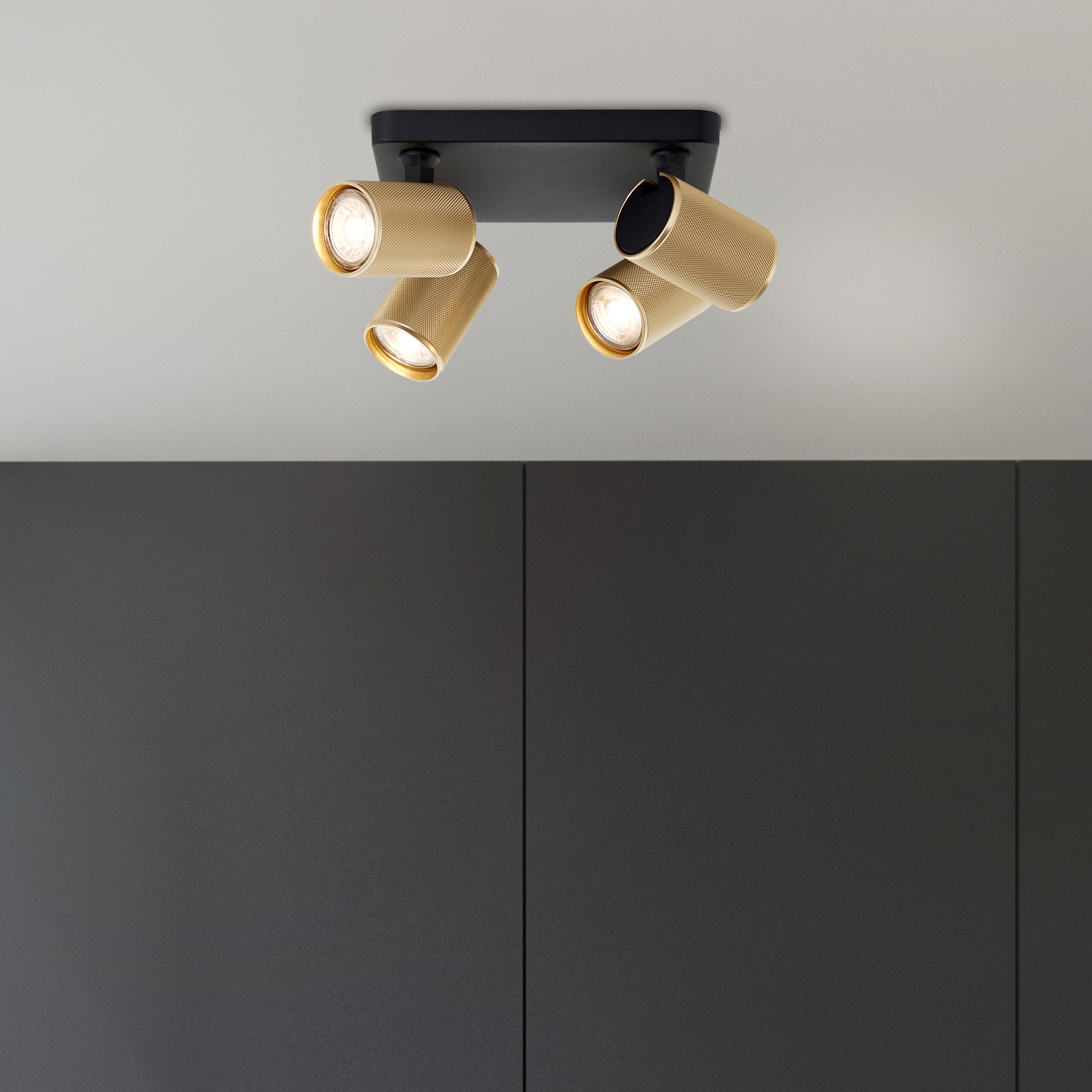 Brilliant Deckenstrahler »Marty«, 4 flammig, Leuchtmittel GU10 | LED wechselbar, Spotplatte schwenkbar, 22 x 22 cm, GU10, 345lm, schwarz/matt gold