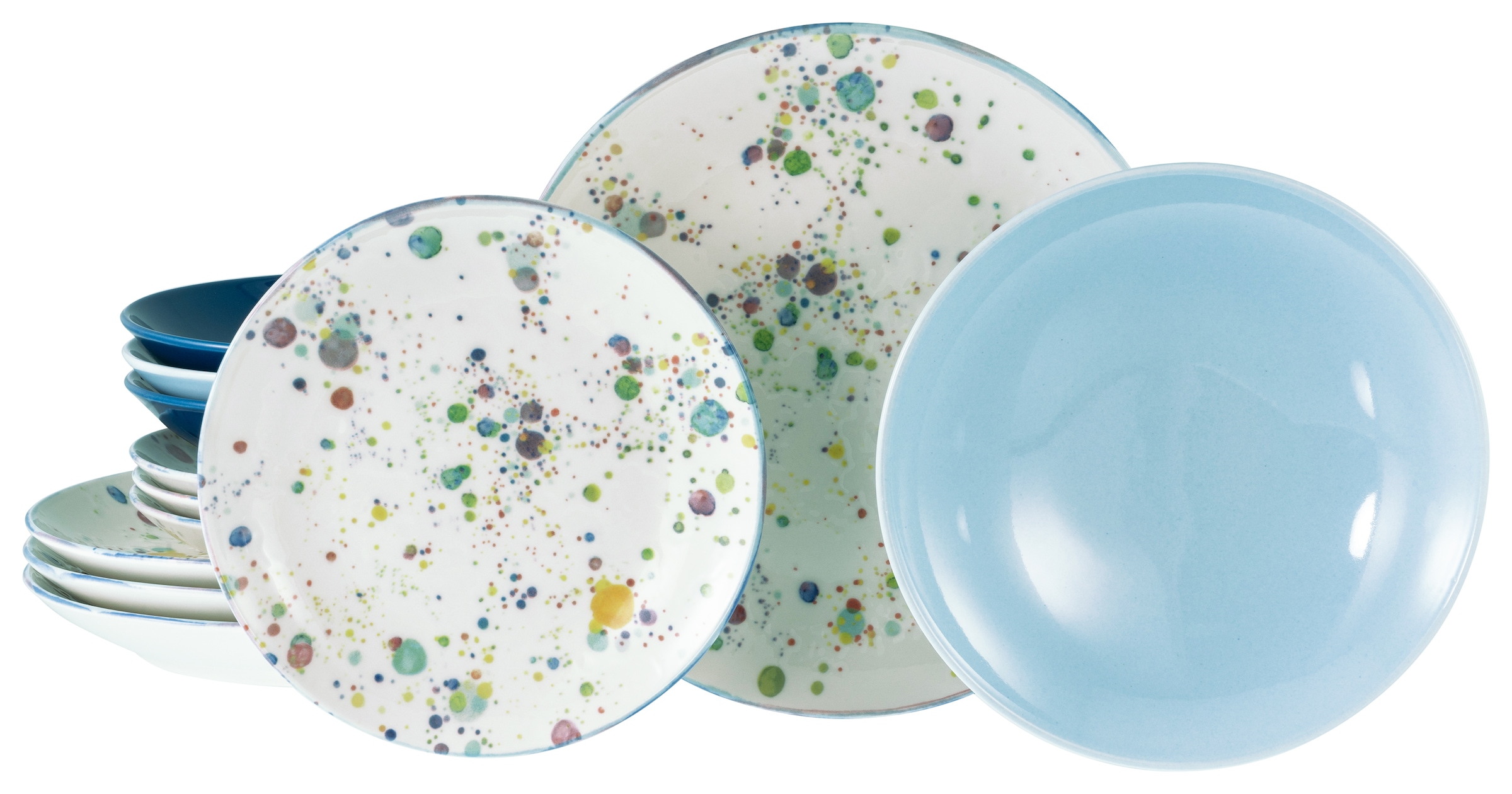 CreaTable Teller-Set »Candy Drops, Teller Set 12-tlg.« Unregelmäßige bunte Punkte, Gute Laune Geschirr, Frisch, Freundlich