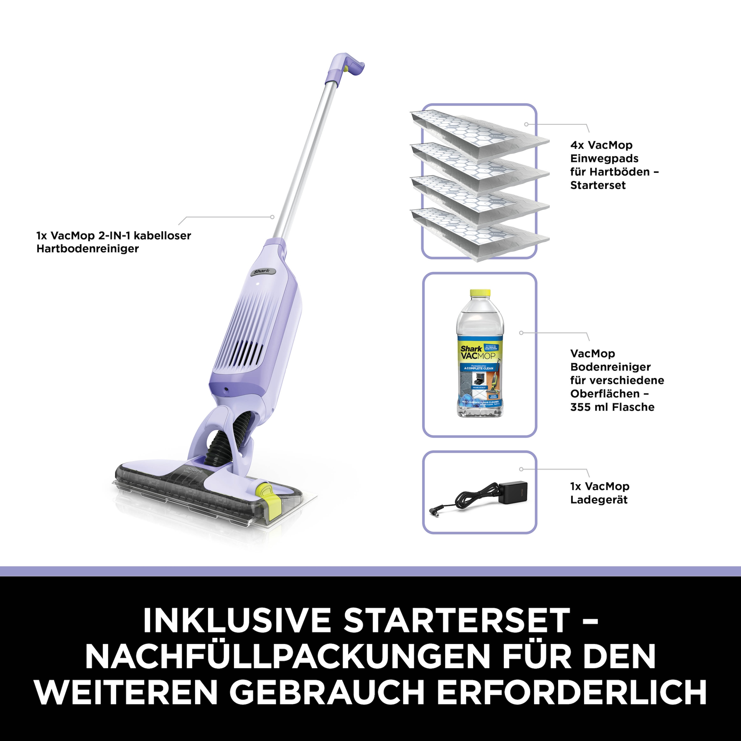 Shark Akku-Wischmopp »Shark VacMop 2-in-1 kabelloser Staubsauger/Sprühmopp VM200EUPL« VOLLSTÄNDIGE REINIGUNG MIT EINEM EINZIGEN EINWEGPAD, kabellos, leicht