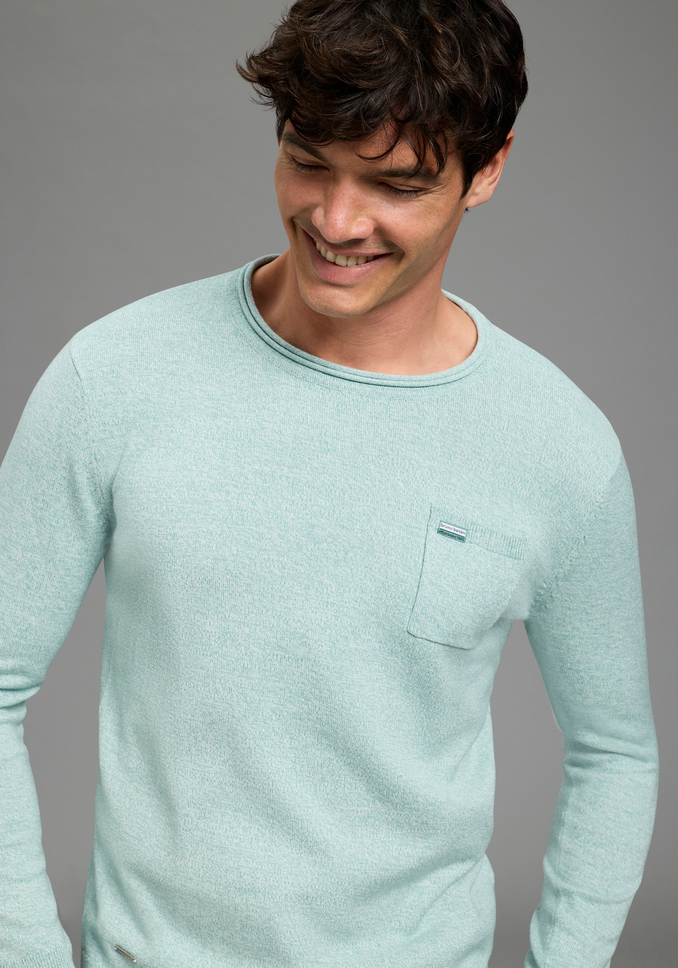 Bruno Banani Rundhalspullover aus Baumwolle, mit Rundhalsausschnitt, Langarm, melierte Optik