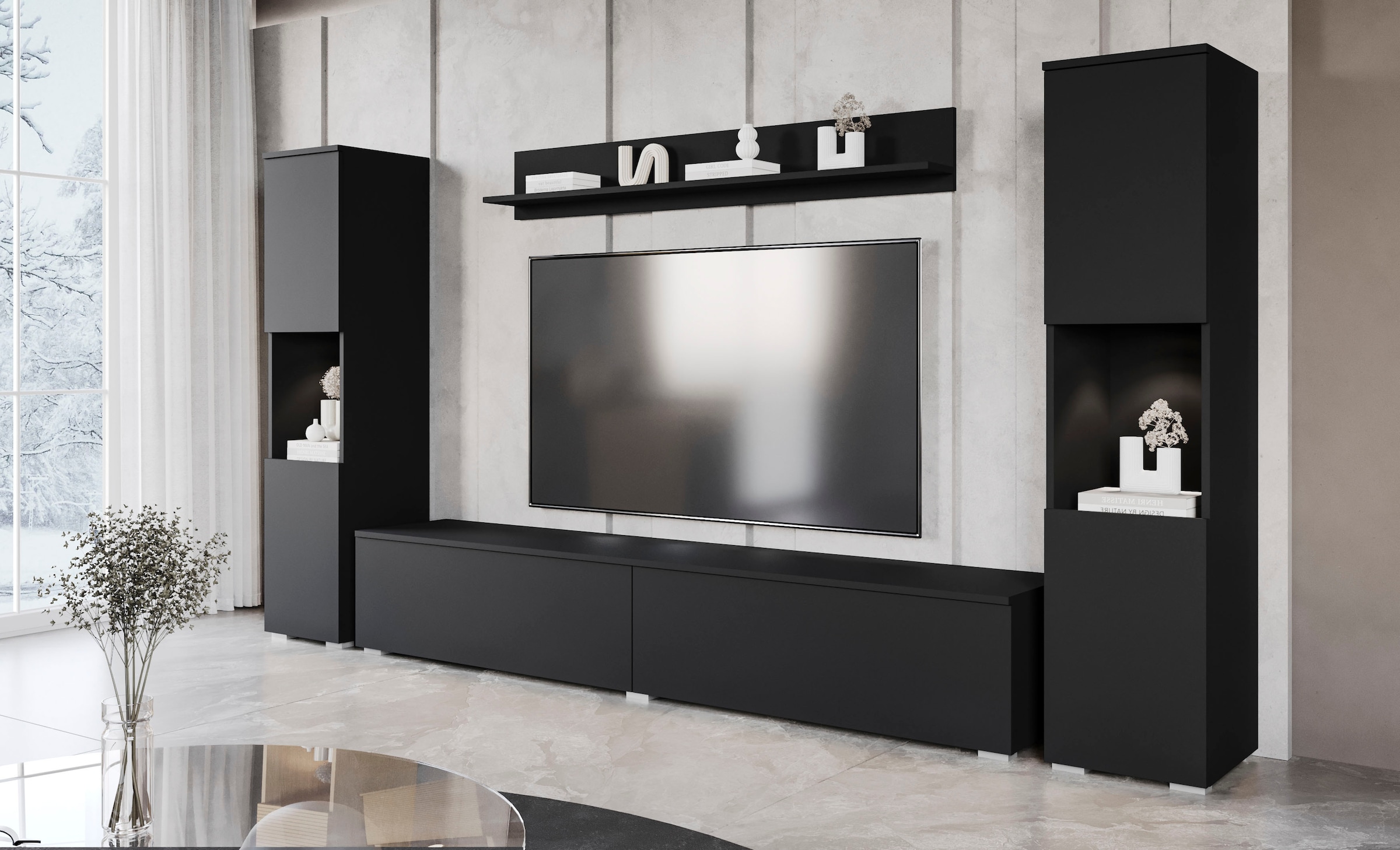 INOSIGN Wohnwand »PARIS, Vitrine Türanschlag links/rechts wechselbar«, (Komplett-Set, 4 St.), grifflose Design, stehend und hängend montierbar