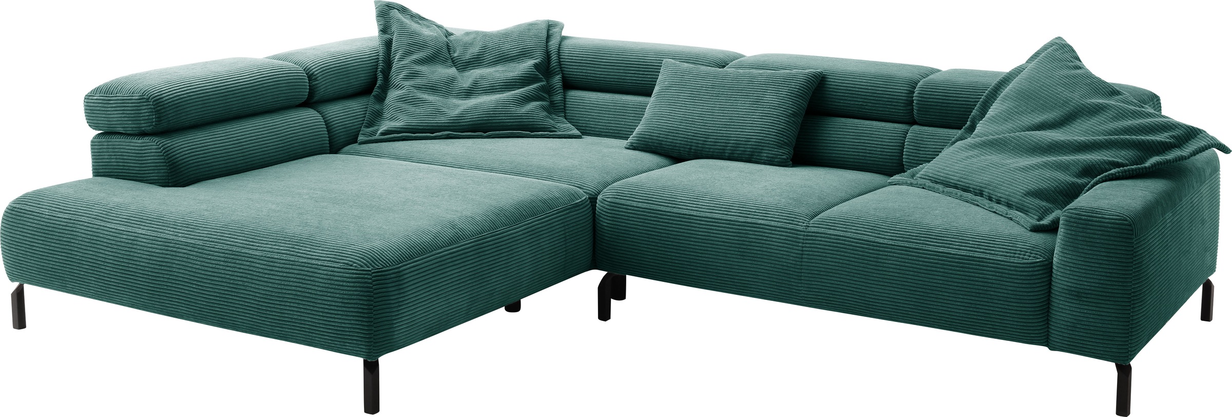 Places of Style Ecksofa »Antonelli, L-Form, inkl. Kopfteilverstellung, Breite 312 cm«, ohne Sitztiefenverstellung, in Cord, grün