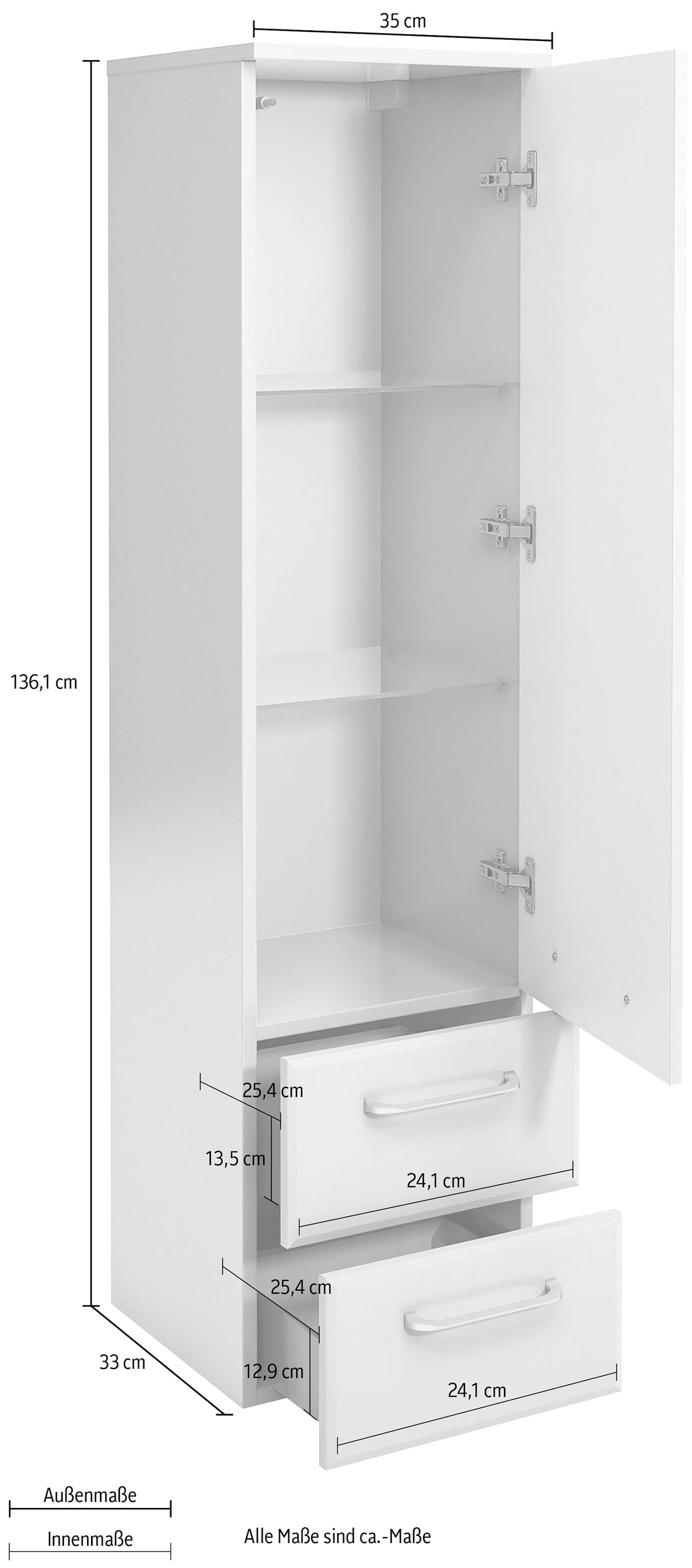 Saphir Midischrank »Quickset Badschrank 35 cm breit, 1 Tür, 2 Schubladen, 2 Einlegeböden« Badezimmer-Midischrank inkl. Türdämpfer, Griffe in Chrom glänzend