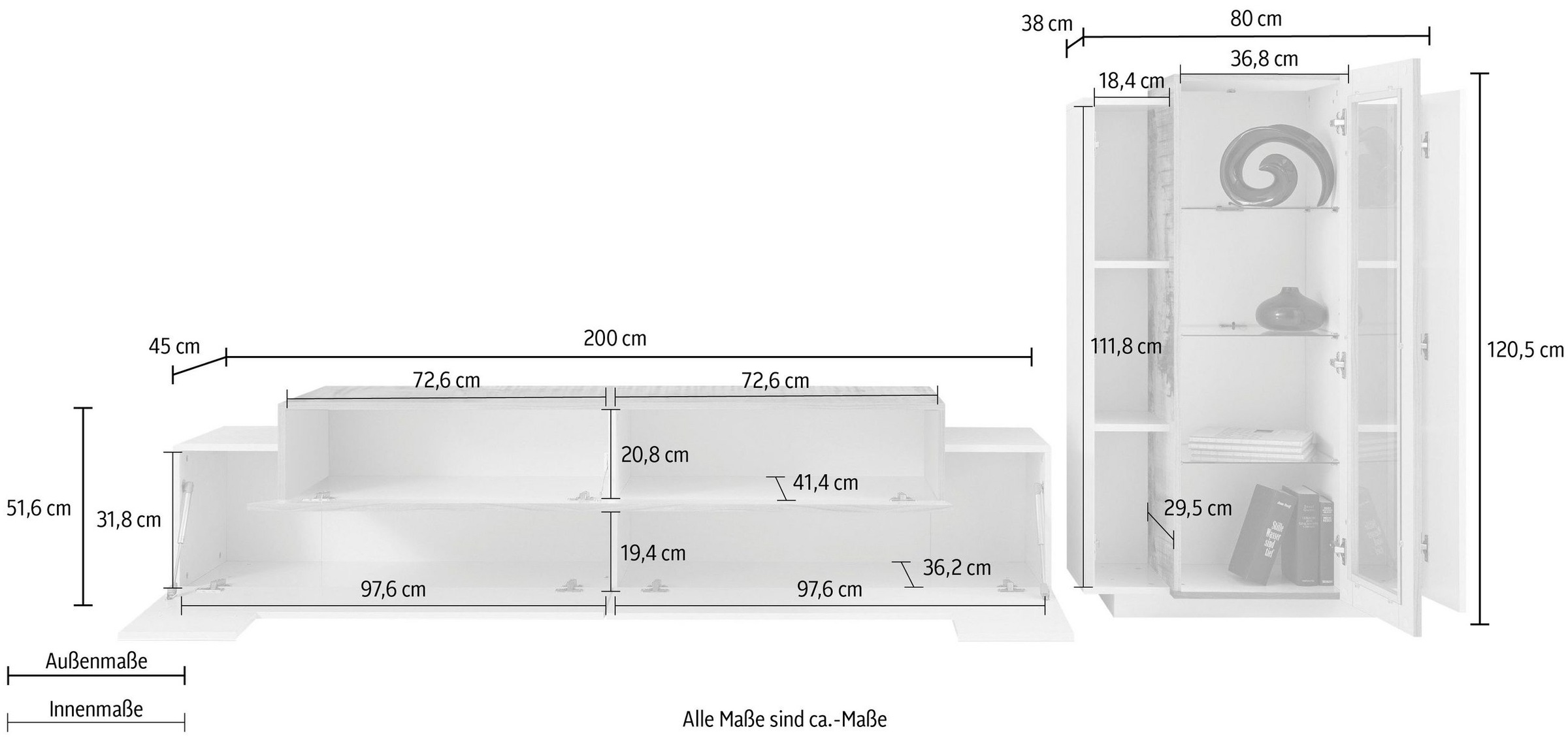 INOSIGN Wohnwand »Coro, Anbauwand, Medienwand« Set, 2 Stk. tlg. Lowboard 4 Fächern Breite 200 cm und Vitrine 3 Türen Breite 80 cm