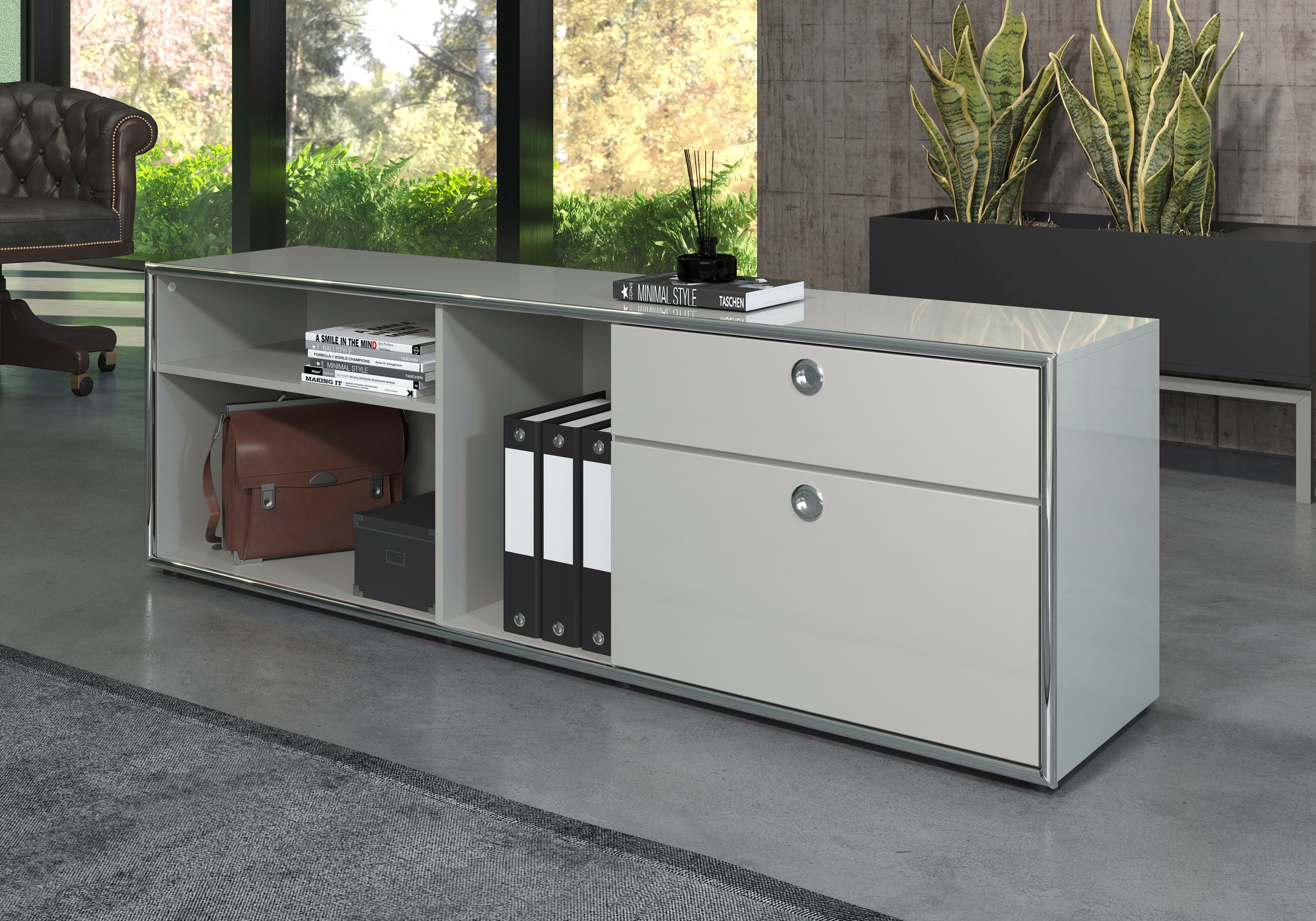 Places of Style Schrank-Set »Imperia«, (Set, 2 St., Infinity), Schreibtisch mit Lowboard in eleganter Hochglanzoptik und Chromrahmen