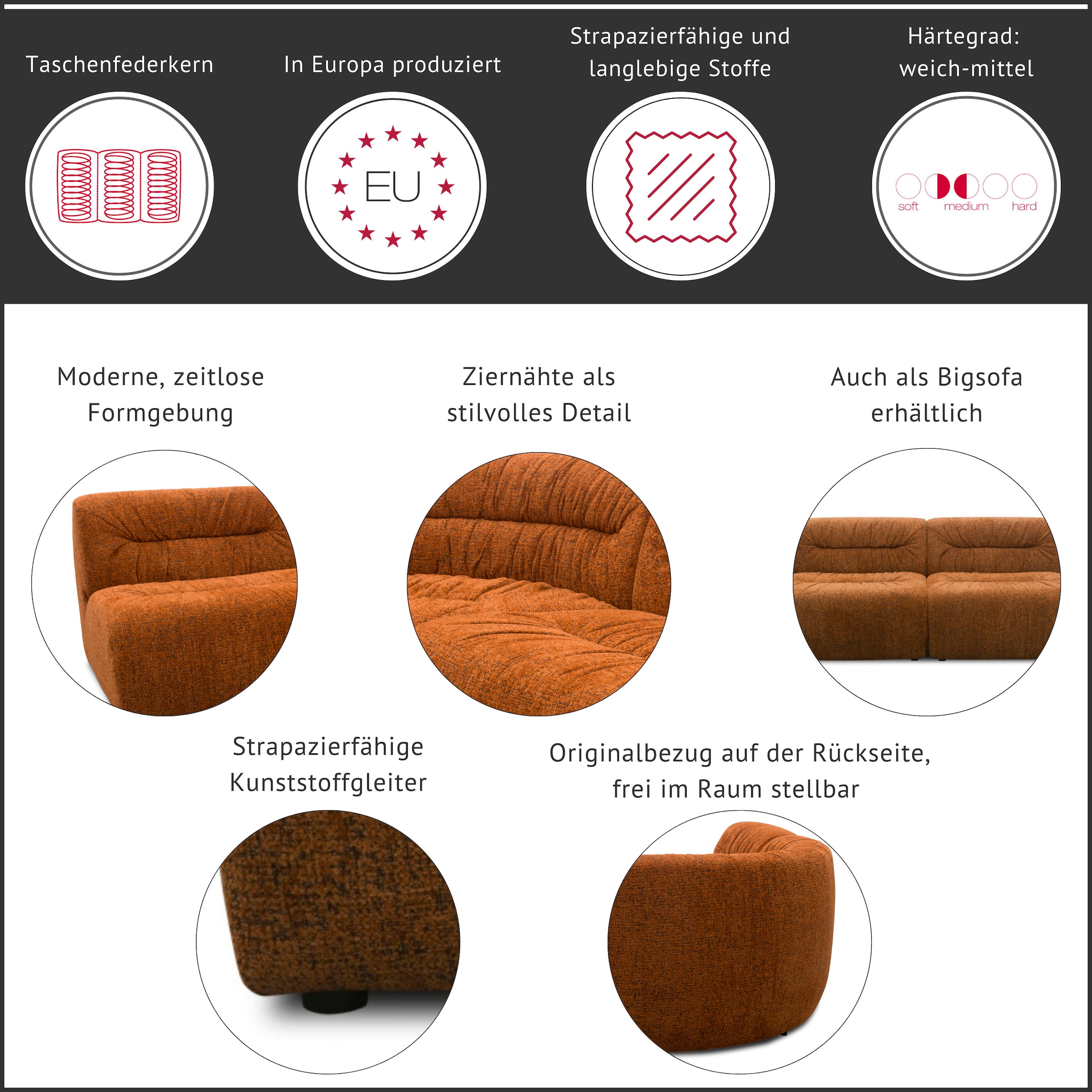 DOMO collection Ecksofa »Solum, B/T: 214/214 cm, moderne, runde Form mit großzügiger Polsterung« mit Federkern, L-Form