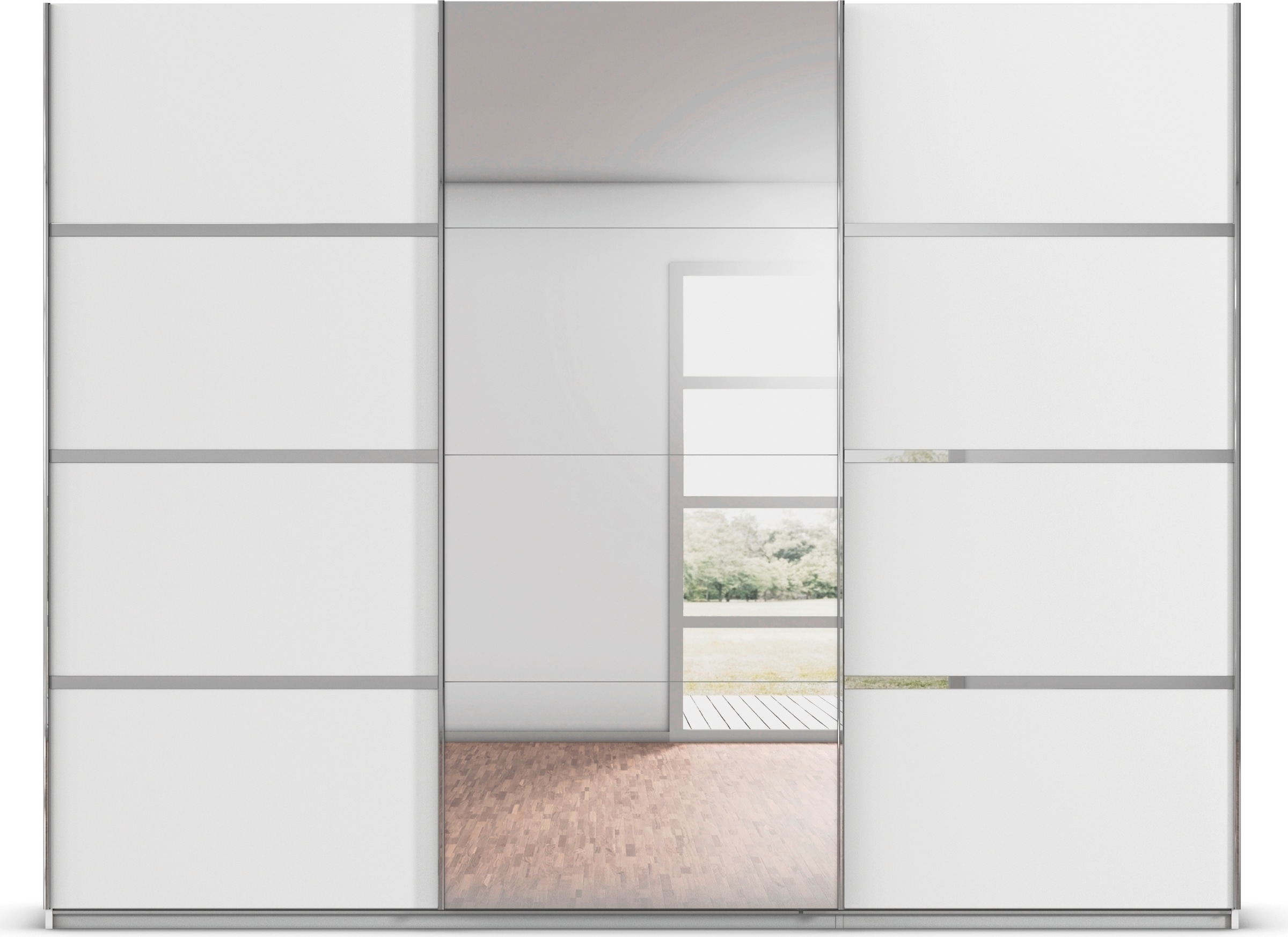 rauch Kleiderschrank »Schwebetürenschrank Garderobe Schrank TOP ANGEBOT Avola«, (in 3 verschiedenen Ausstattungen BASIC/CLASSIC/PREMIUM inkl. Spiegel), mit eleganten Zierleisten in Chrom, Schwarz oder Weiß MADE IN GERMANY