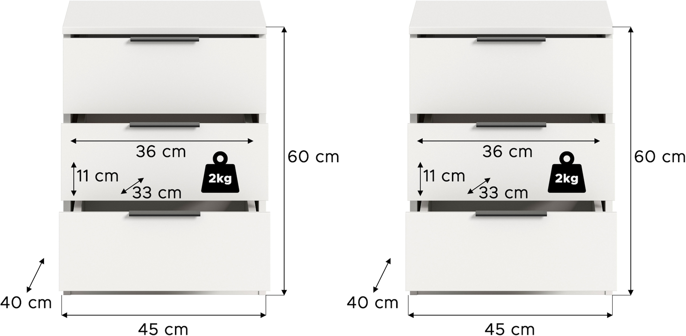 Home affaire Nachtkommode »Skarde 2 Nachttische, jeweils Breite: 45 cm« Set, Sie bekommen 2  Nachttische im Set, 2 Stk. tlg. Skarde, 2er Set Nachtkommode, 3 Schubkästen, weiß