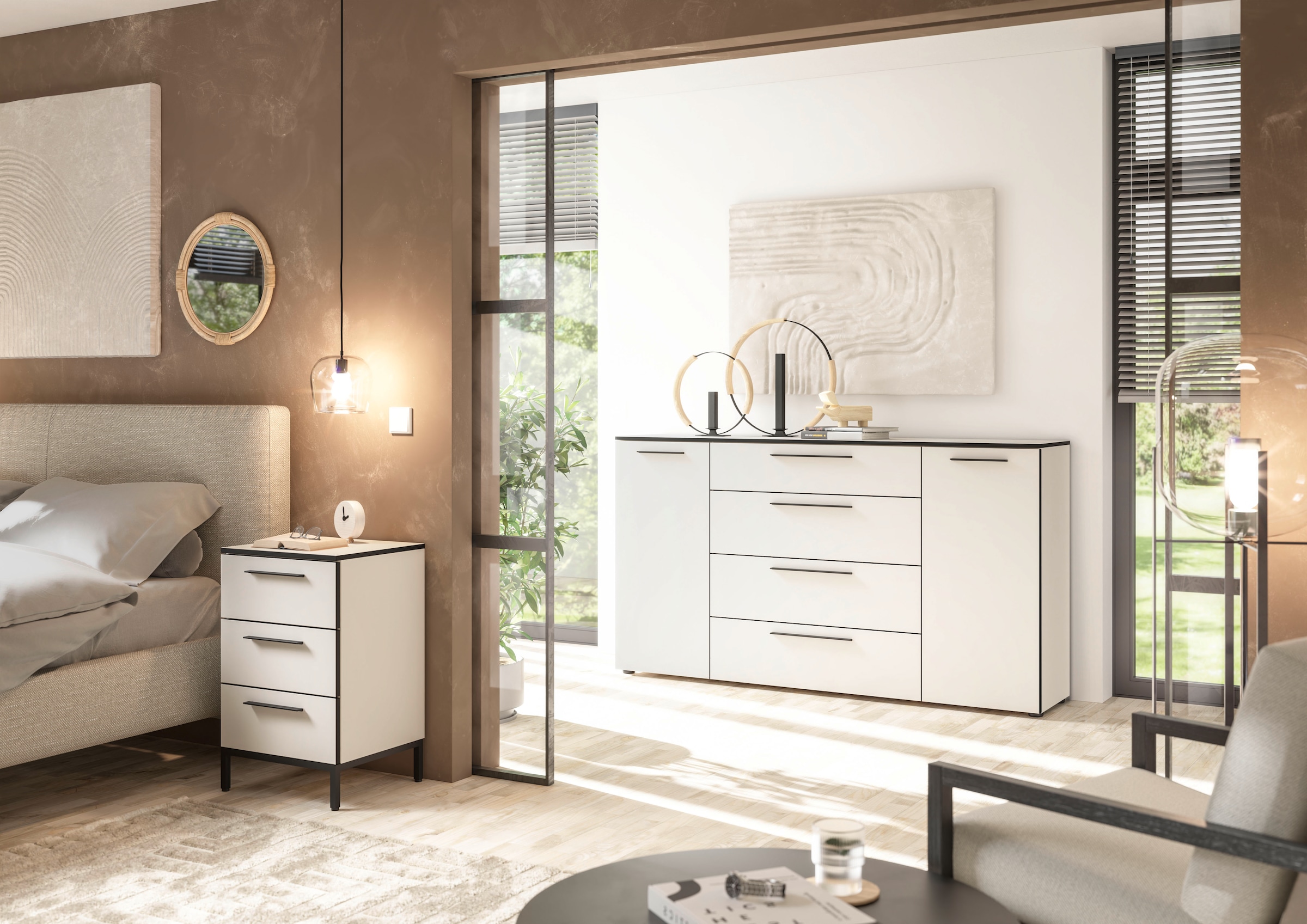 Manjana Möbel Nachtkommode »Nachtkommode mit Schwarz matten Metallgriffen«