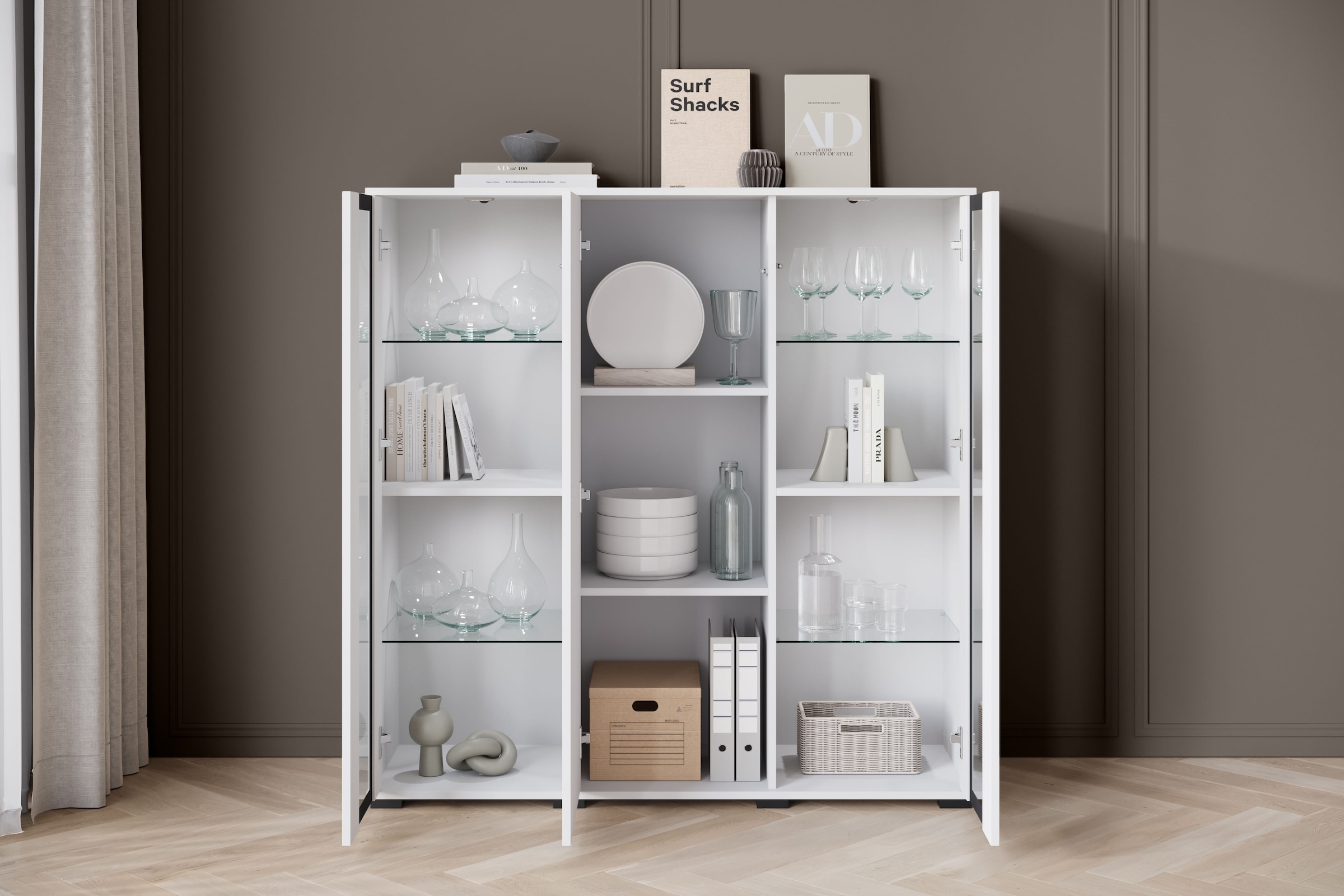 Home affaire Highboard »Caro, modernes Design mit Glaseinsätzen, Breite 120 cm« 1 Stk. tlg. grifflose Fronten mit Push-to-Open, höhenverstellbare Einlegeböden