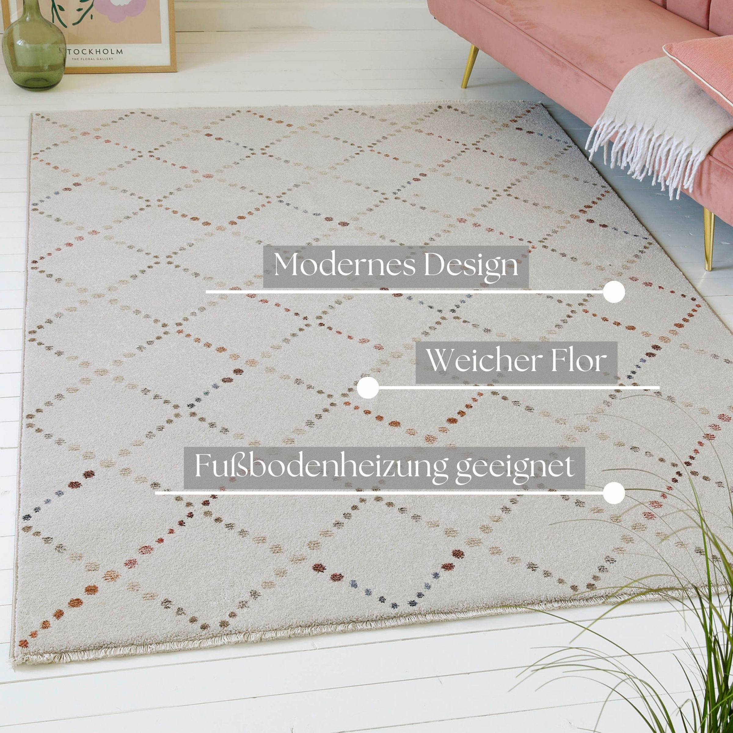 OTTO home Teppich »Thoren«, rechteckig, 12 mm Höhe, weicher Kurzflor, Rautenmuster mit Fransen, Wohnzimmer, Schlafzimmer