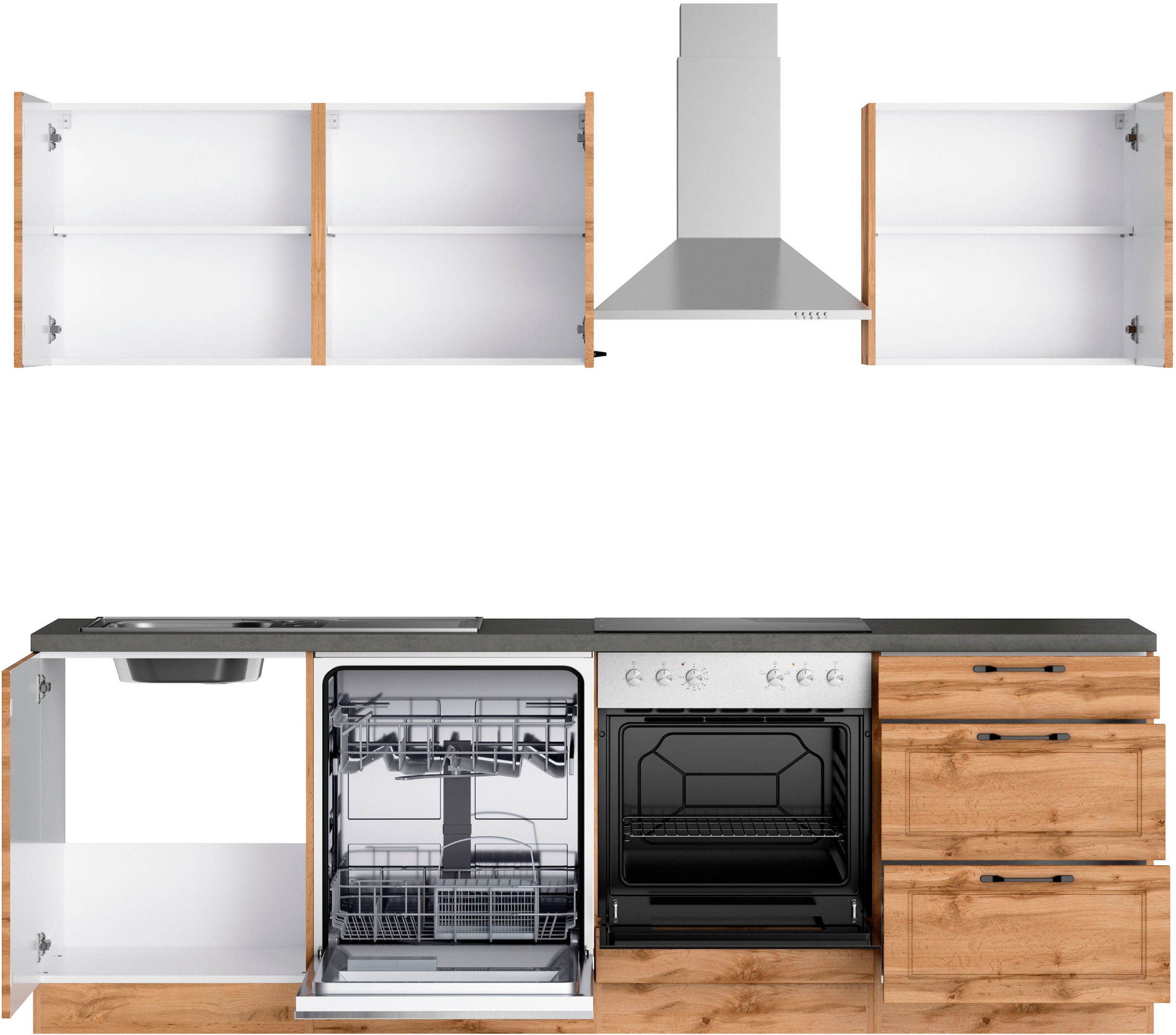 KOCHSTATION Küchenzeile »KS-Lani, mit MDF-Fronten« Breite 240 cm, wahlweise mit E-Geräten, Höhen-Ausgleichsfüße 0-4 cm