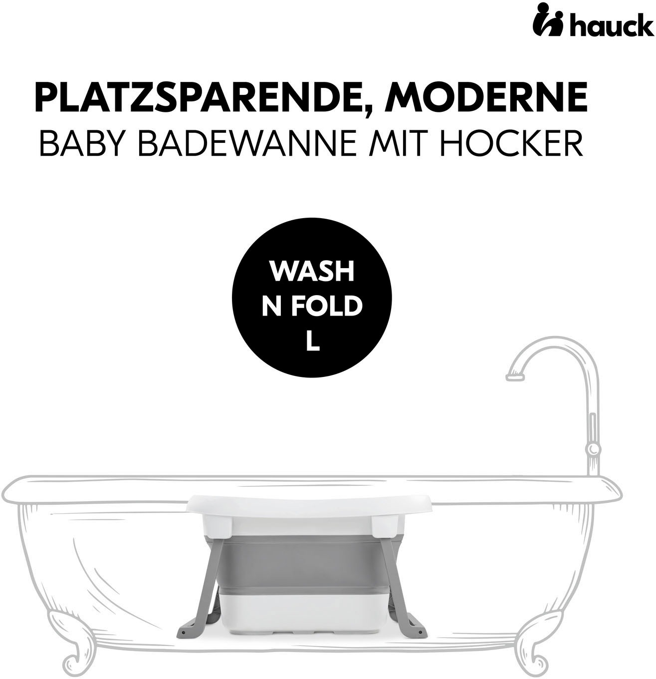Hauck Babybadewanne »Wash N Fold L, White/Stone« Höhe 44 cm Standbeine | wärmeempfindlicher Ablaufstopfen | zusammenfaltbar Faltbadewanne mit Wassertemperaturmessung am Ablaufstopfen