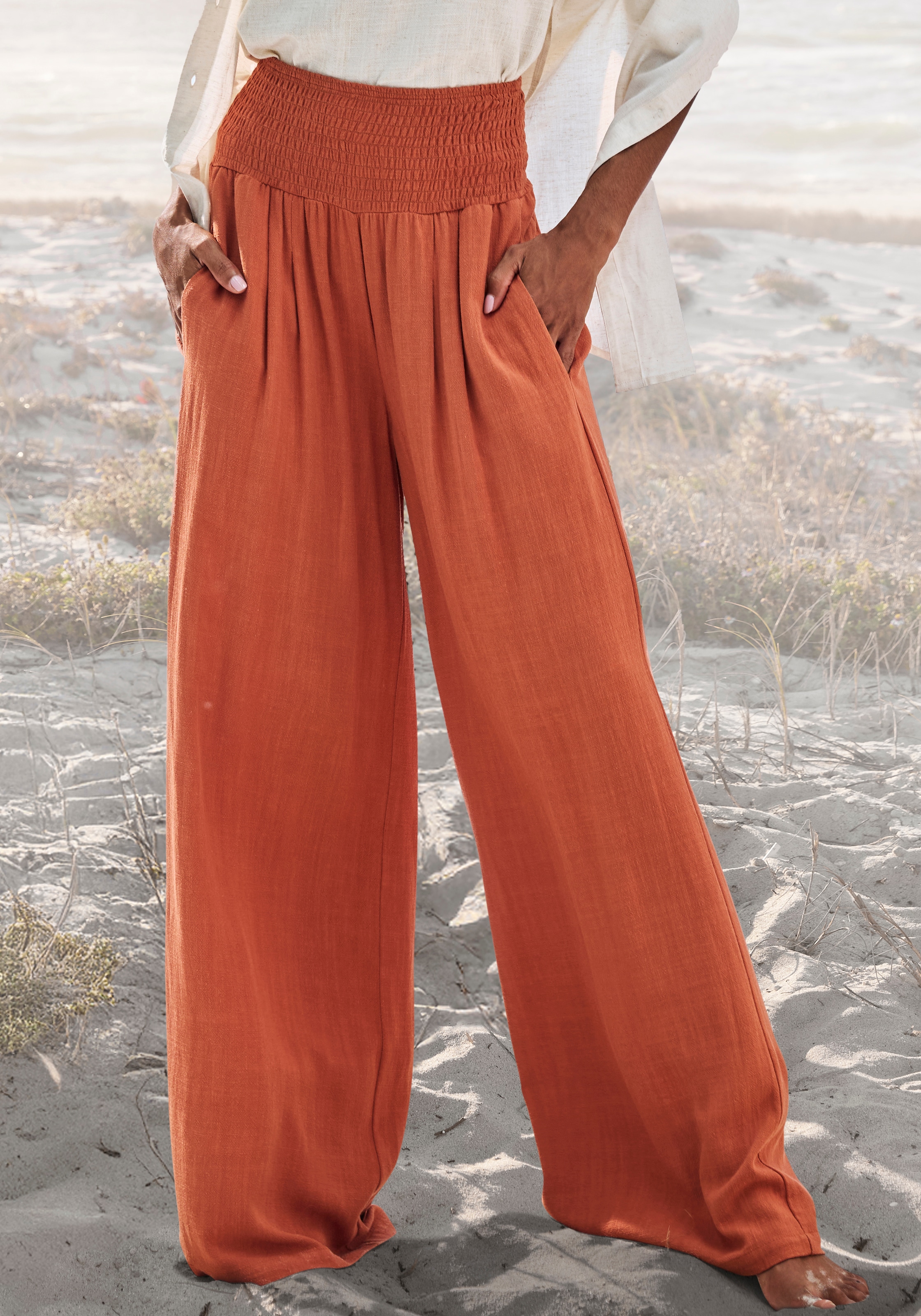 French Connection Leinenhose »mit hohem Smokbund«  weite Palazzohose für den Sommer, lockere Schlupfhose, Strandhose