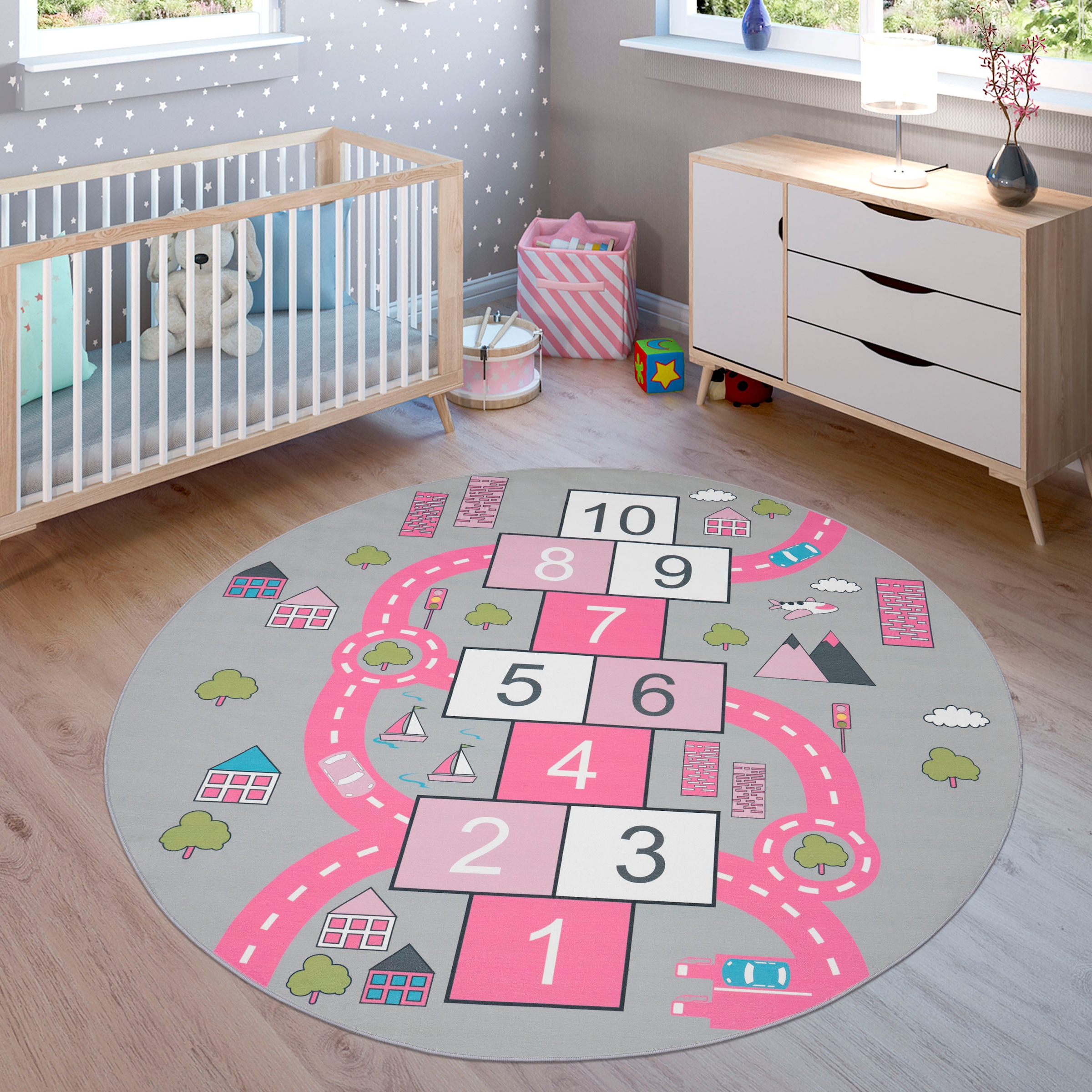 Paco Home Kinderteppich »Bino 569« rund 4 mm Höhe Kurzflor, Straßen-Spiel-Teppich & Spielmotiv Hüpfkästchen