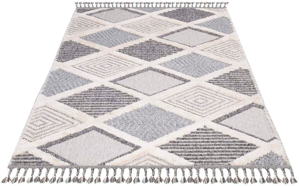 Carpet City Hochflor-Teppich »Valencia 731« rechteckig 20 mm Höhe Läufer, Boho-Stil, 3D-Effekt, Raute, Hoch-Tief-Struktur, mit Fransen