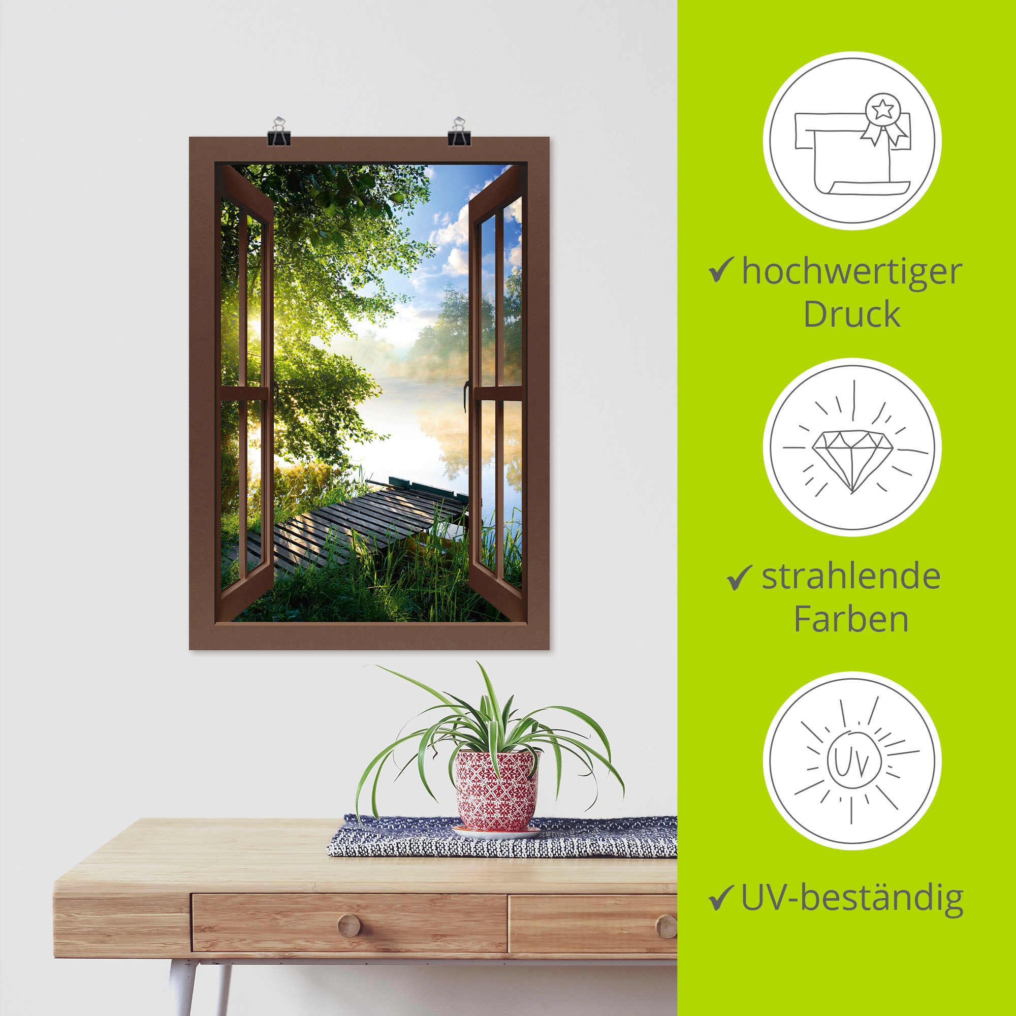 Artland Wandbild »Fensterblick Angelsteg am Fluss«, Fensterblick, (1 St.), als Alubild, Outdoorbild, Leinwandbild, Poster, Wandaufkleber