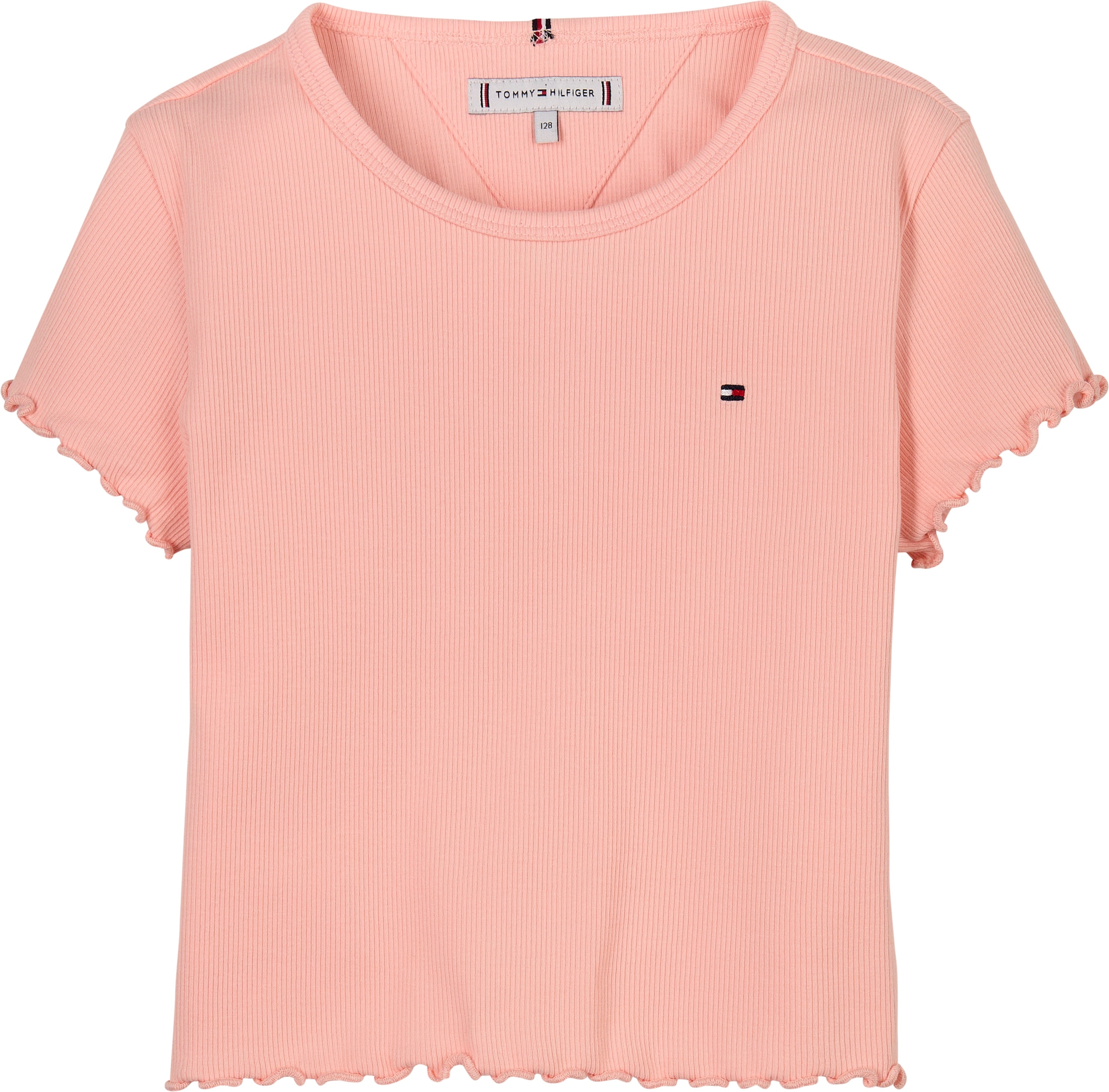 Tommy Hilfiger T-Shirt »ESSENTIAL RIB TOP mit Babylock-Kanten und Stickerei«, unifarben, casual, regular fit, Baumwollmix, Rundhals