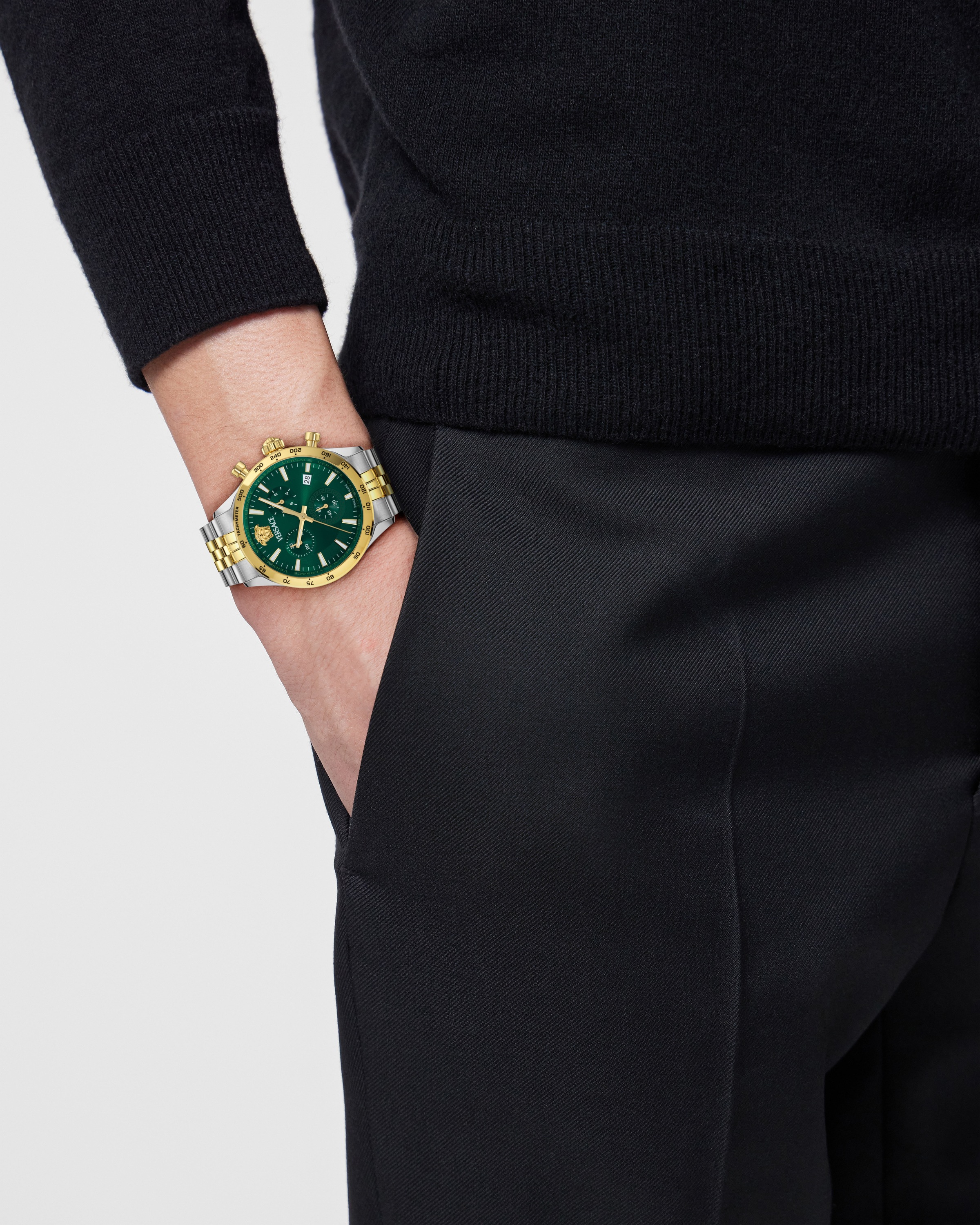 Versace Chronograph »HELLENYIUM CHRONO PETITE«, Quarzuhr, Armbanduhr, Herrenuhr,Swiss Made,Edelstahlband,Stoppfunktion