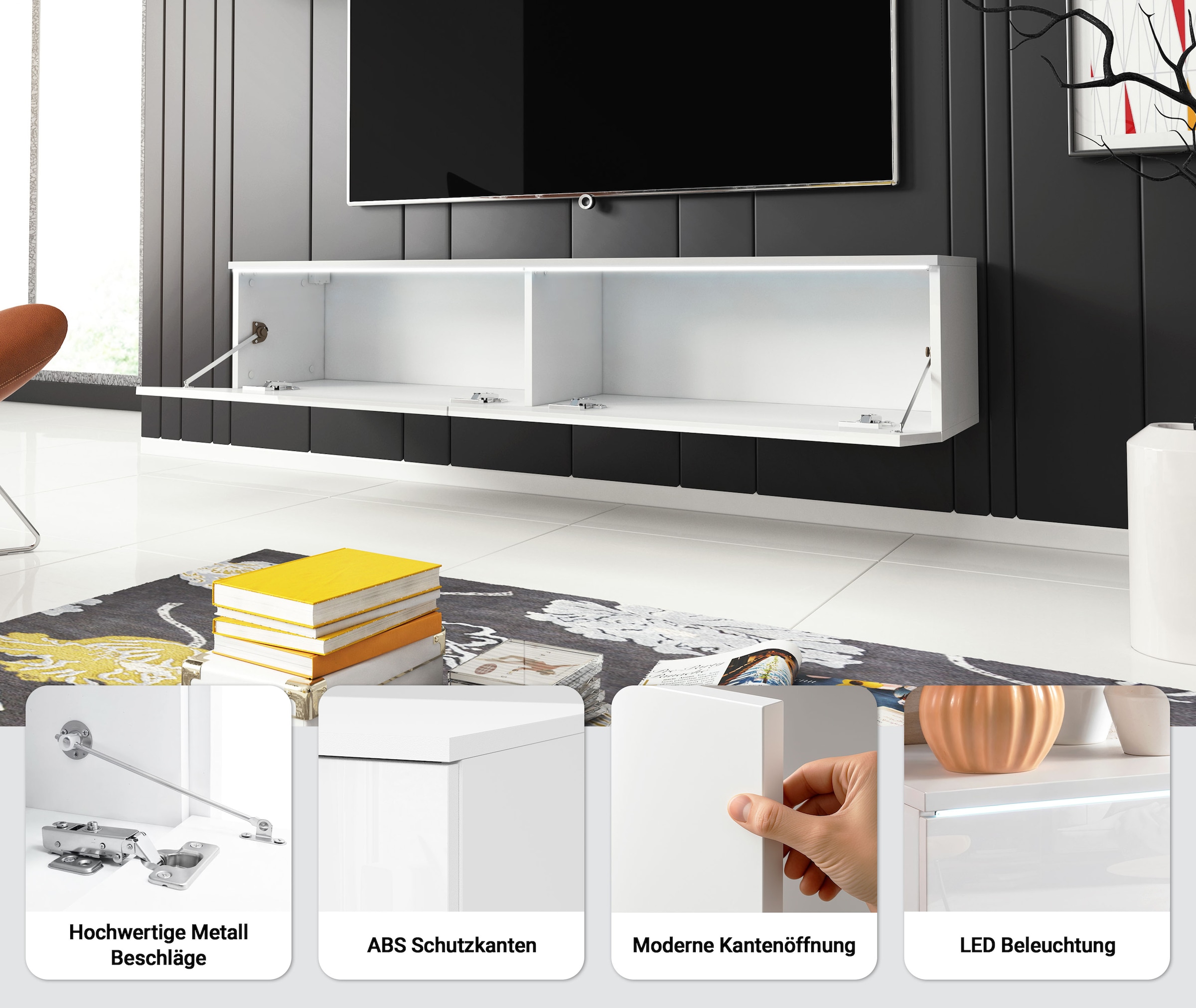 Home affaire Lowboard »LOWBOARD D, wahlweise mit oder ohne Beleuchtung« modernes TV-Board ohne Griffe, mit viel Stauraum,stehend und hängend