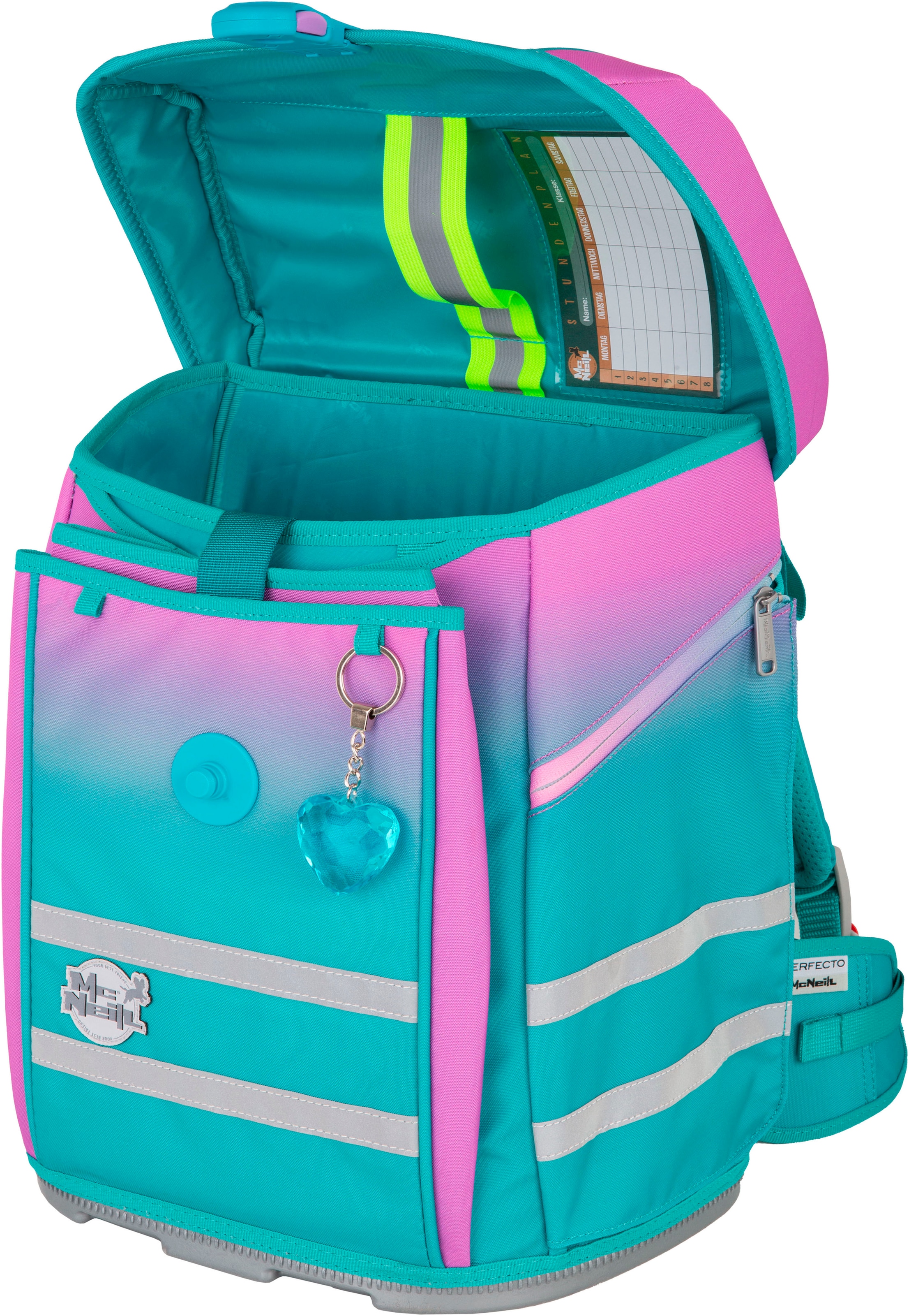 McNeill Schulranzen »Perfecto, Blueberry« reflektierende Streifen auf den Schultergurten;retroreflektierende Flächen inkl. Federmäppchen, Turnbeutel, Schlamperrolle & Motivmagnet