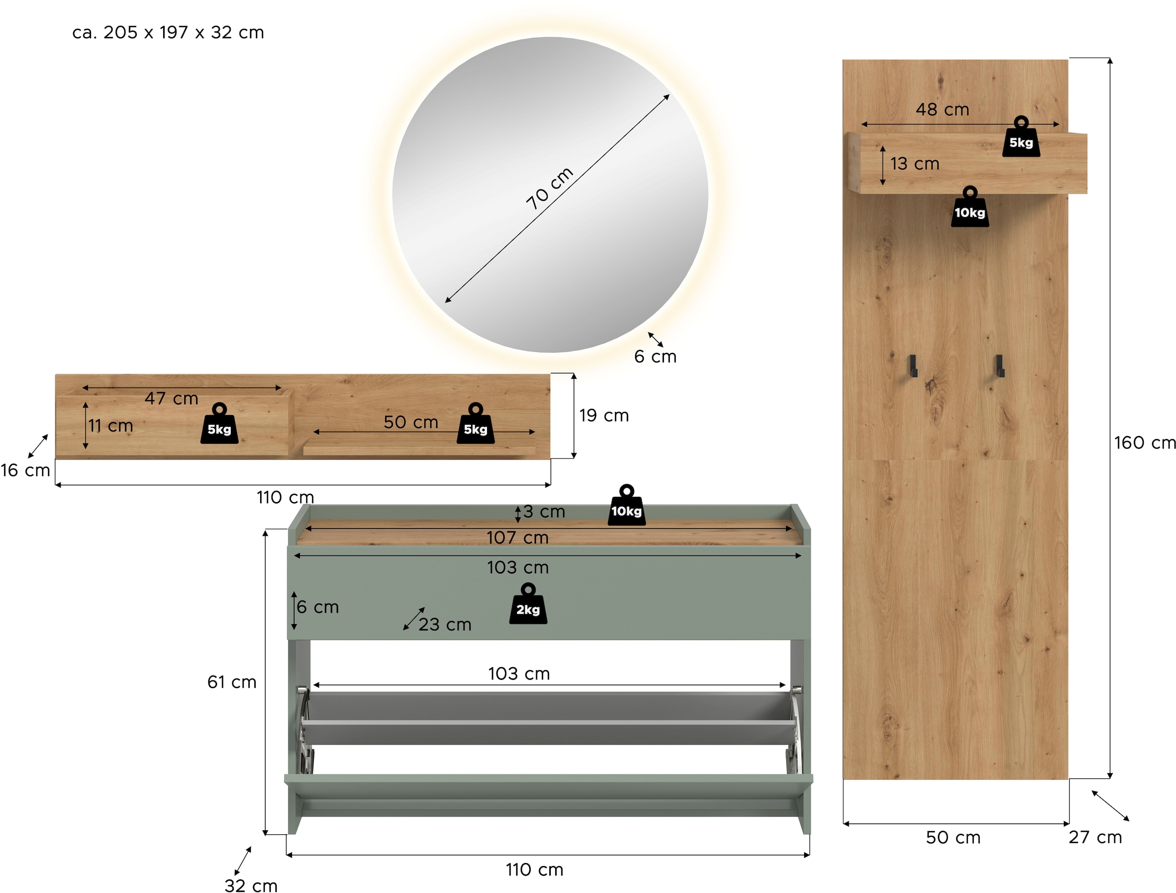 Home affaire Garderoben-Set »EVRID, 4-teilig, Breite 205 cm, inkl. Beleuchtung« best. aus: Wandboard, Kommode, Spiegel, Garderobenpaneel, 4 Stk. tlg.