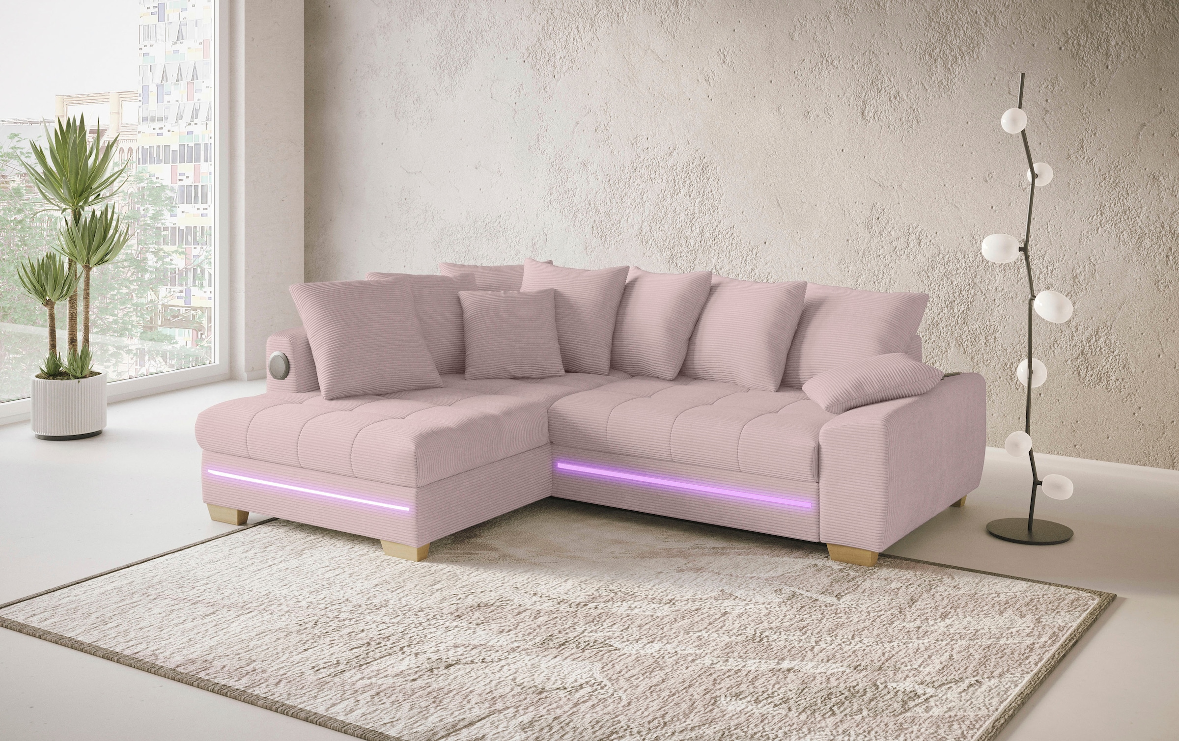 Mr. Couch Ecksofa »Nikita II, L-Form«, RGB-LED, Bluetooth-Soundsystem, wahlweise mit Bett, Bettkasten