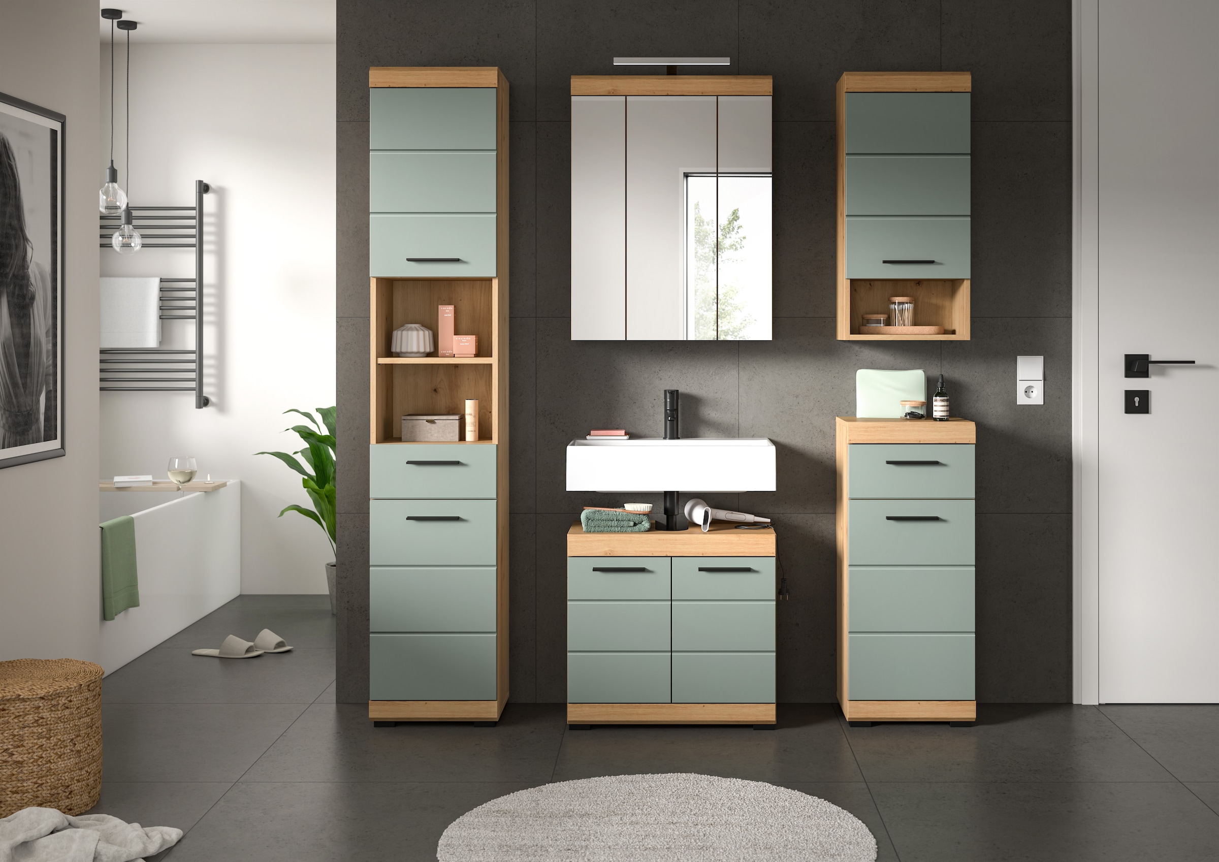 INOSIGN Badmöbel-Set »Siena, 5 teilig, inklusive LED Beleuchtung, bestehend aus:«, (Set, 5 St., TOPSELLER!), Hochschrank, WBU, Spiegelschrank, Unterschrank, Hängeschrank