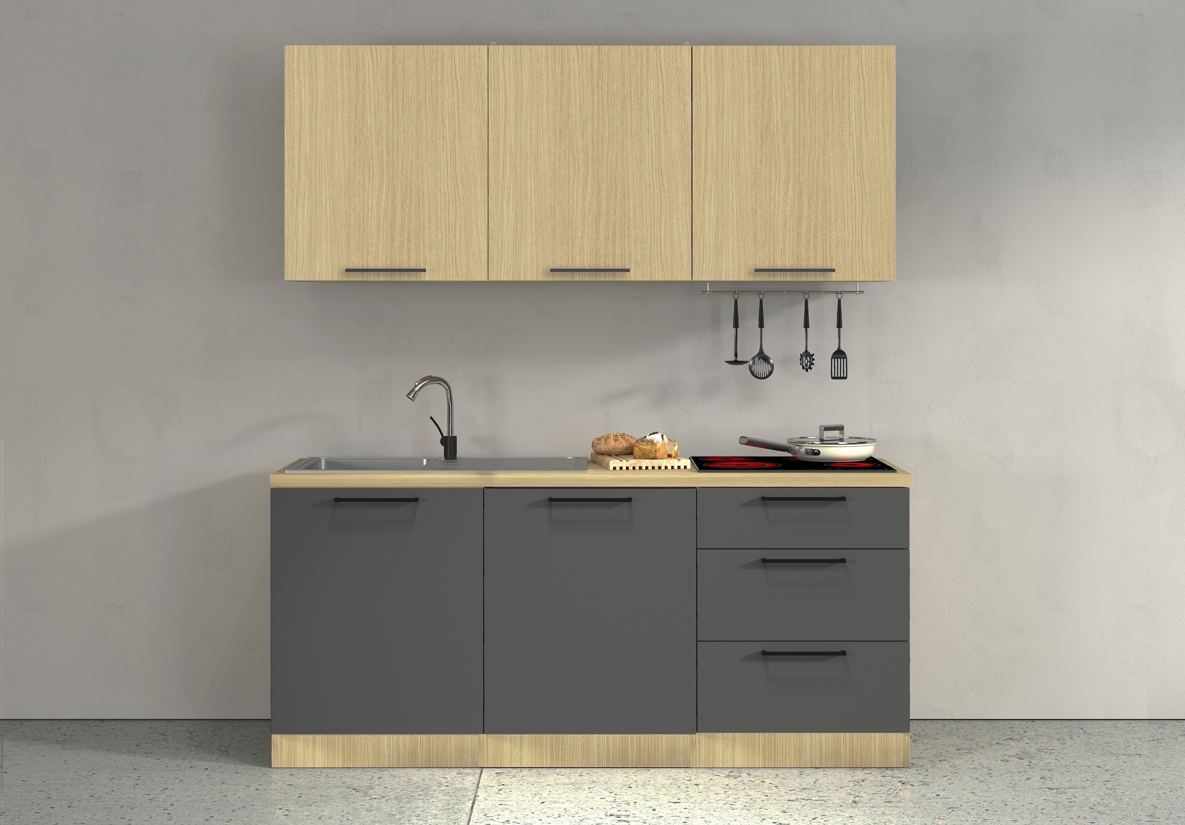 KOCHSTATION Küchenzeile »Luna, Küchenzeile mit Spüle + Siphon, ohne E-Geräte« Breite 182 cm,Türen mit Soft-Close Funktion, Metalgriffe,Made in Italy