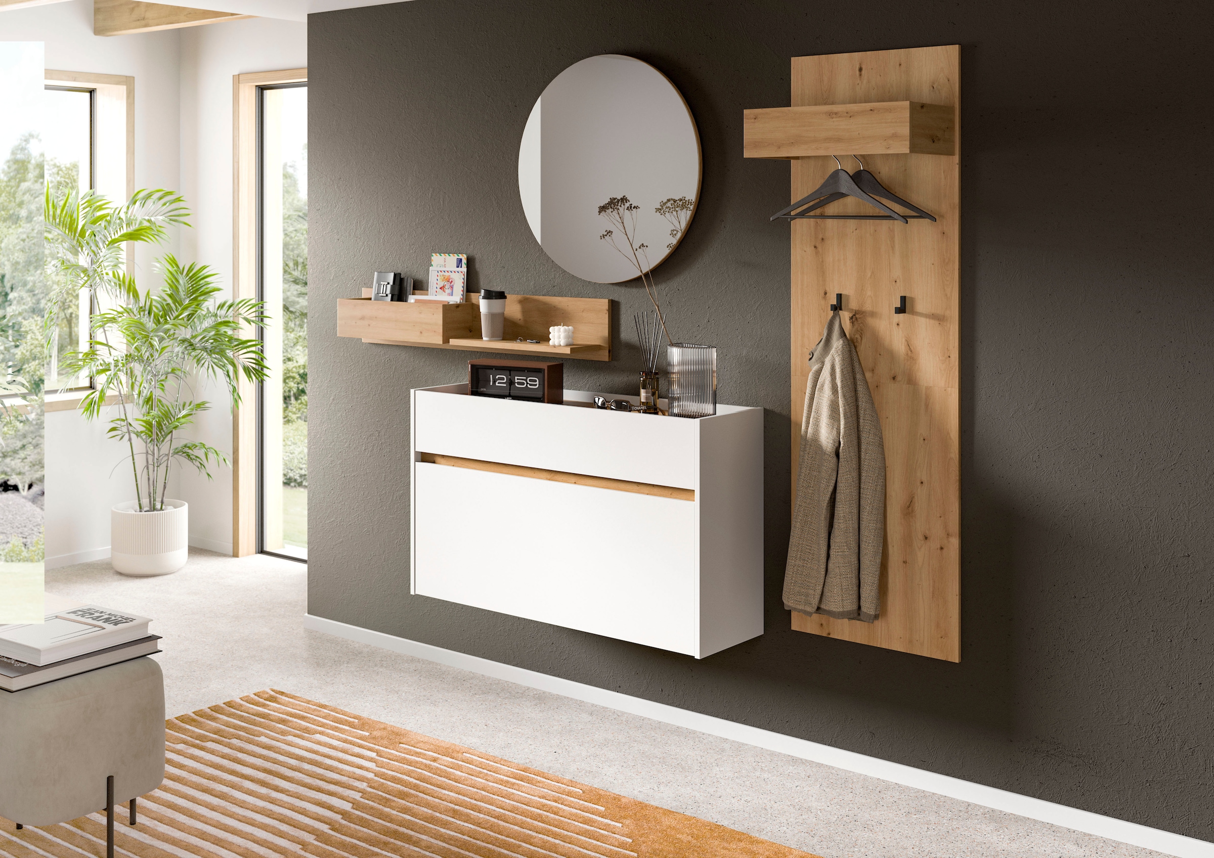 Home affaire Garderoben-Set »EVRID, 4-teilig, Breite 205 cm, individuell hängbar & erweiterbar« best. aus: Wandboard, Kommode, Spiegel, Garderobenpaneel, 4 Stk. tlg.