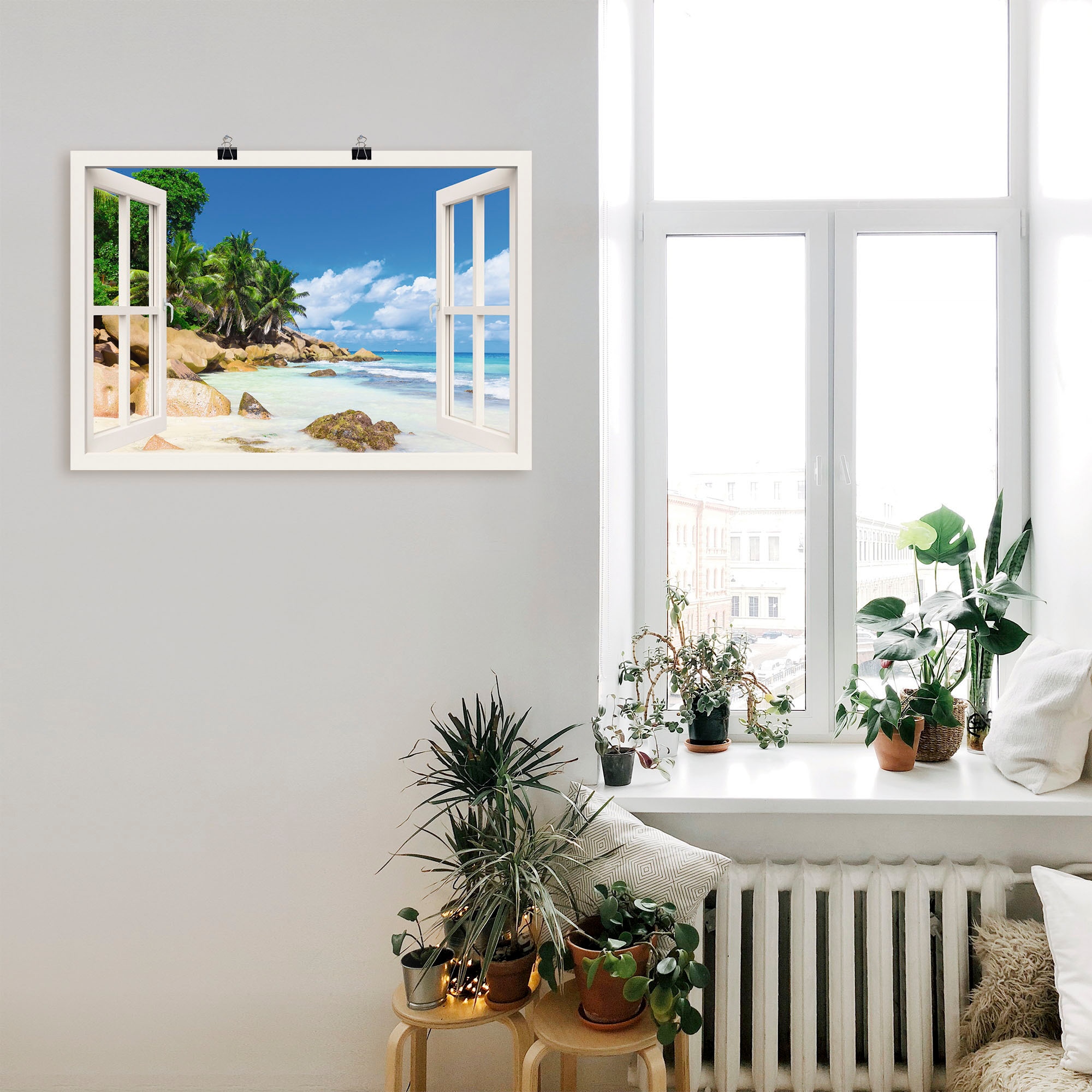Artland Wandbild »Küste mit Palmen durchs Fenster«, Karibikbilder, (1 St.), als Alubild, Outdoorbild, Leinwandbild, Poster, Wandaufkleber