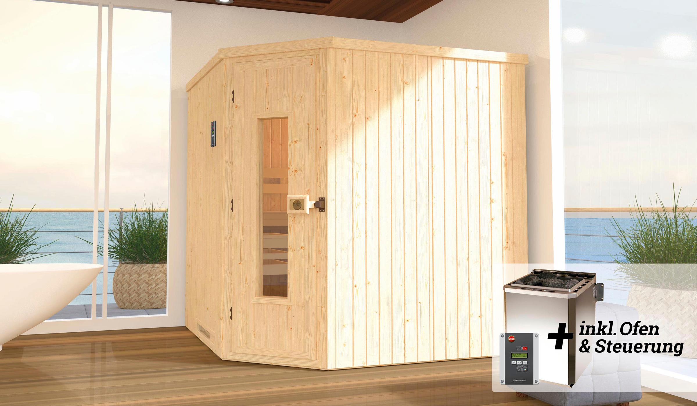 weka Sauna »Varberg« Set,  7,5 kW Bio-Ofen mit digitaler Steuerung