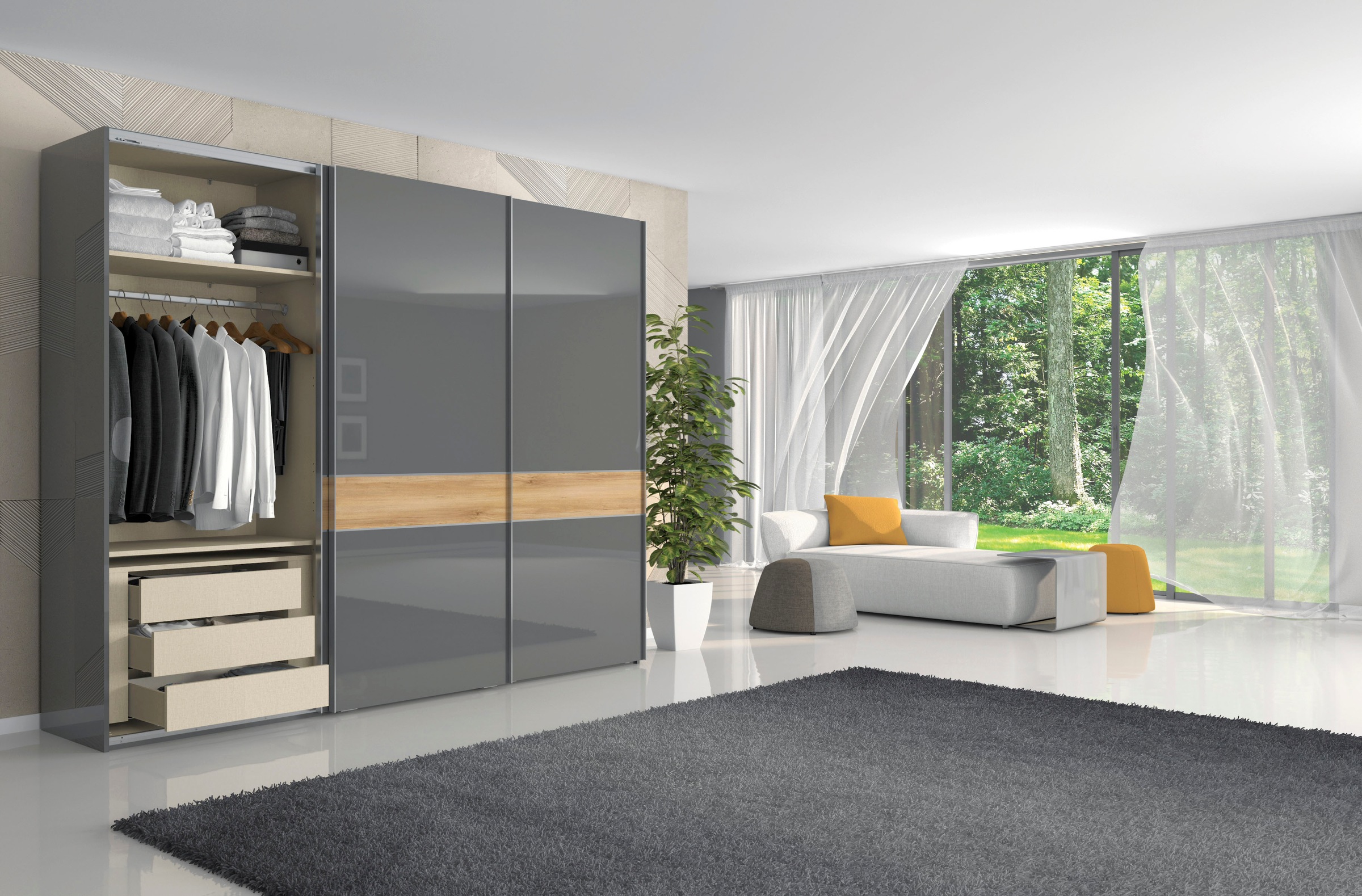 Places of Style Kleiderschrank »Onyx, Schwebetürenschrank inklusive Innenleben, FSC-zertifiziert«, (in 3 Breiten: 182, 230 oder 272cm, Höhe 224cm), UV lackiert, hochglänzend anthrazit, mit Soft-Close Funktion