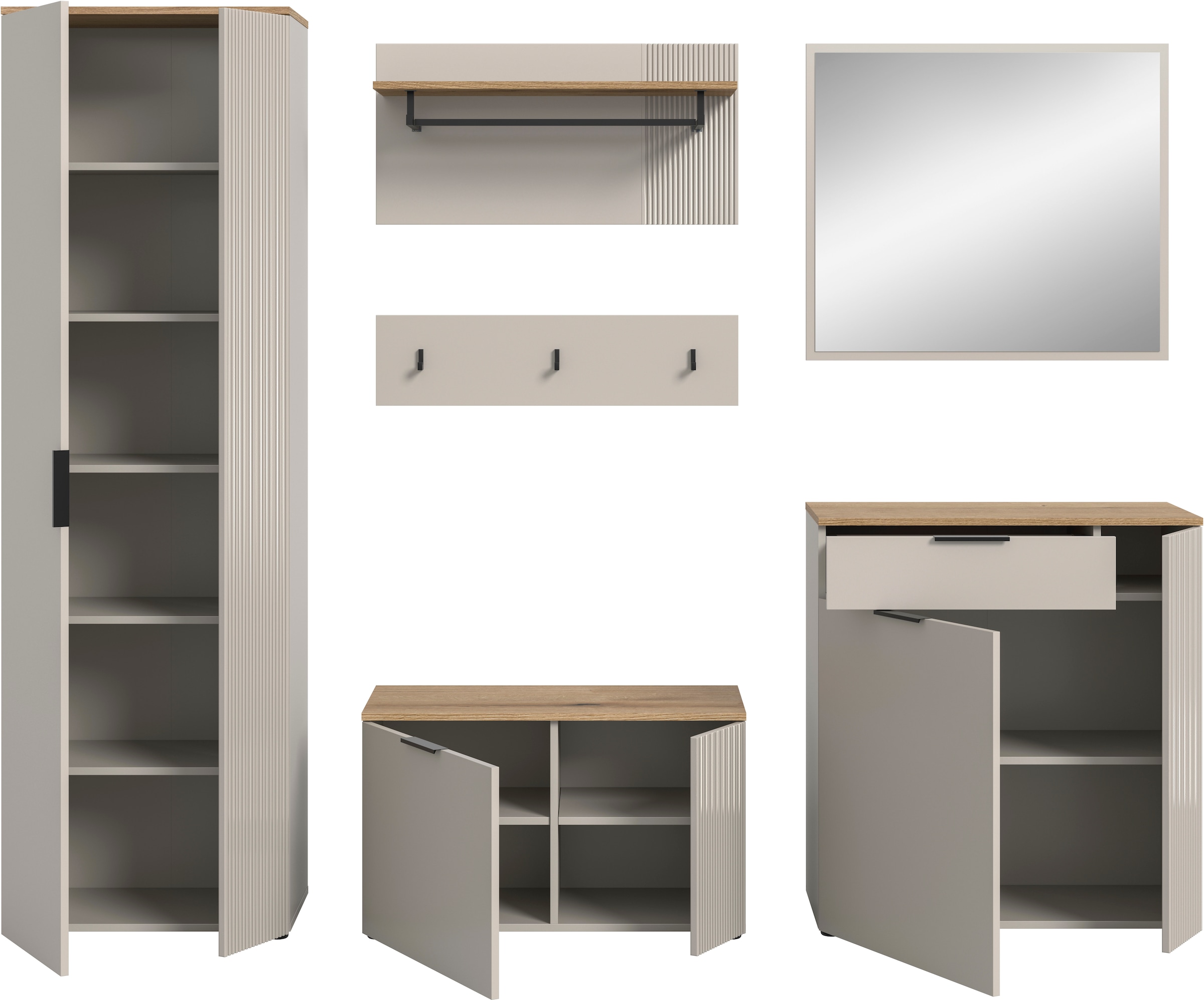 Home affaire Garderoben-Set »EDIL, Breite 250 cm, 6-teilig, Front mit hochwertiger Längstfräsung« Set, Hochschrank, Sitzbank, Paneel, Hakenleiste, Kommode & Spiegel, 5 Stk. tlg.