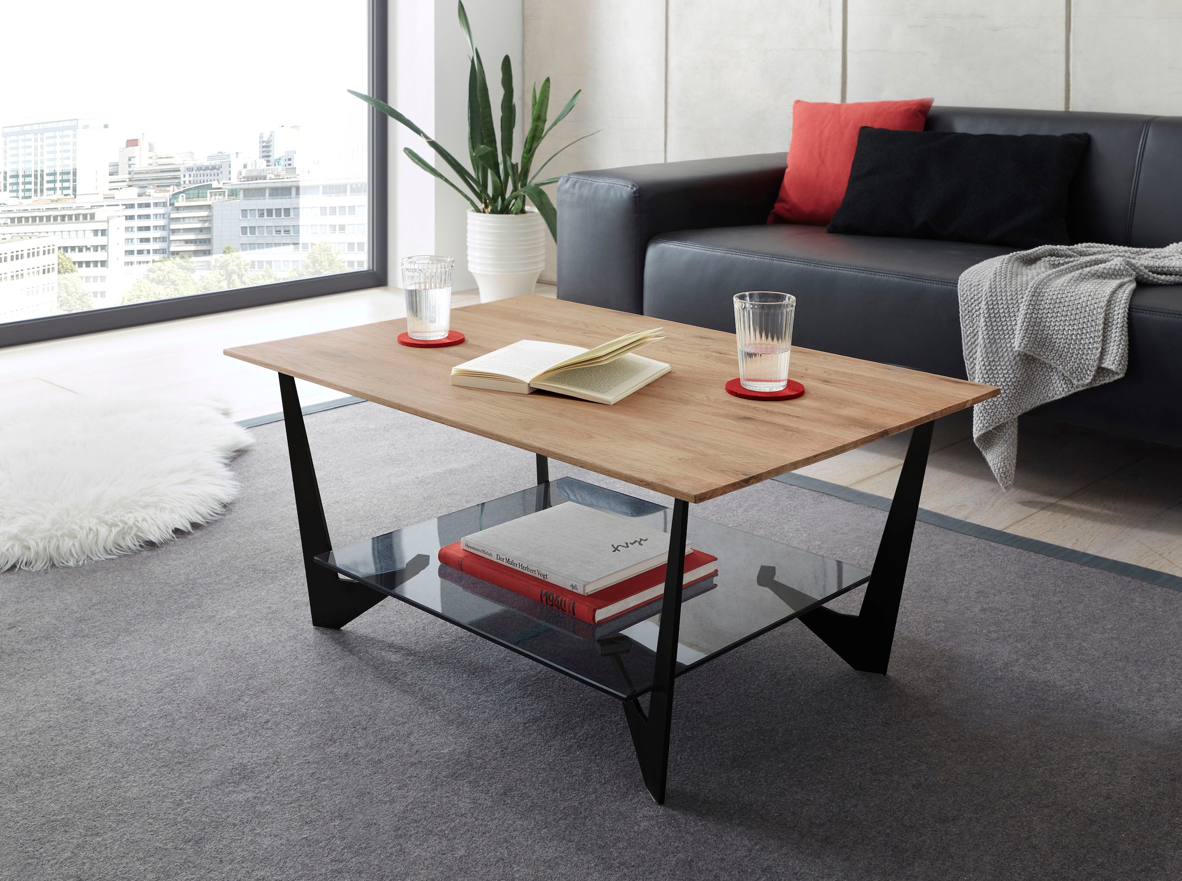 MCA furniture Couchtisch »Leon«, Eiche Natur geölt, Ablageboden Glas Grau  auf Raten bestellen