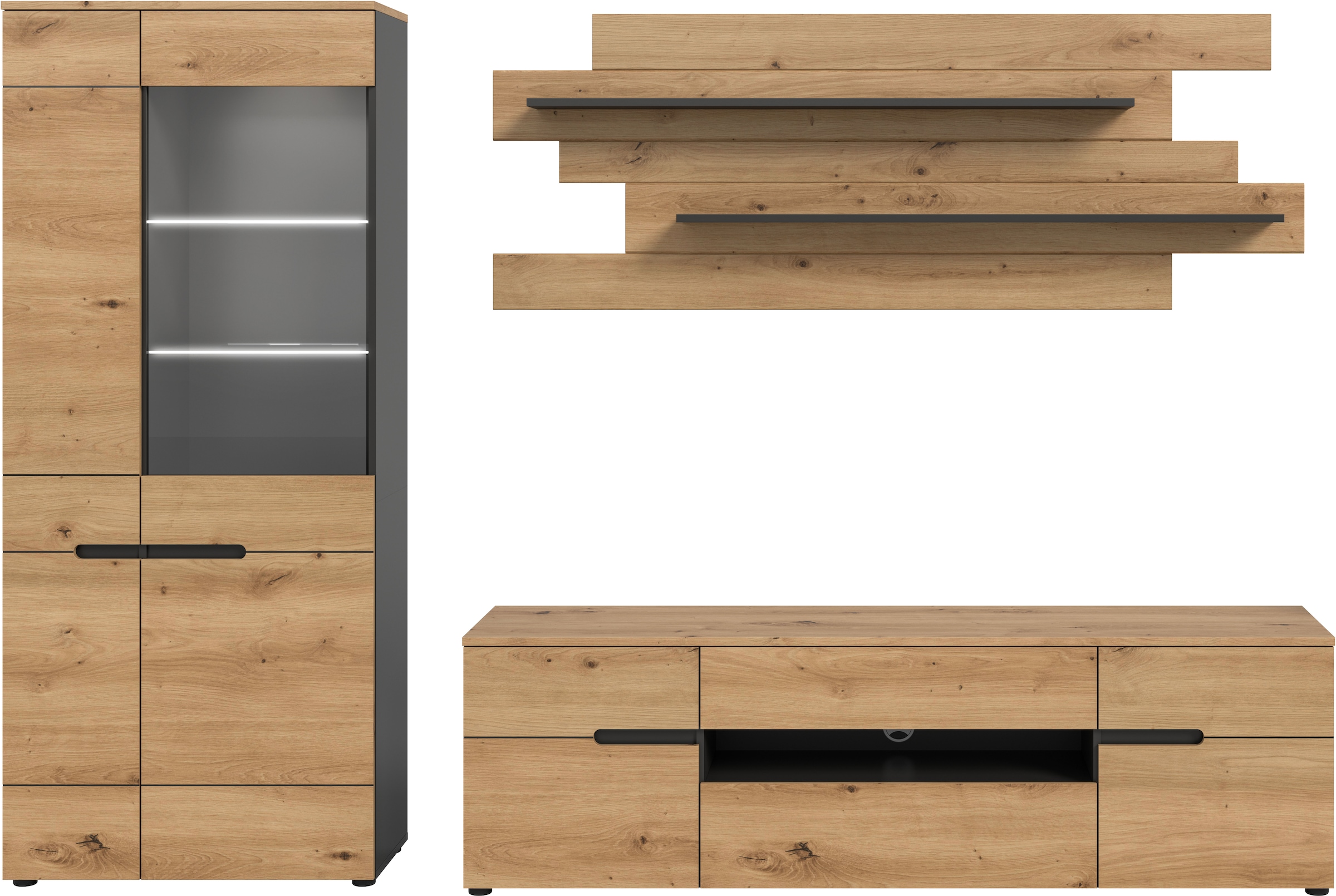 INOSIGN Wohnwand »REHAT, TOPSELLER!, 3-teilig, Breite 280 cm, inklusive Beleuchtung« Set inkl. Beleuchtung, bestehend aus: Vitrine, Lowboard und Wandboard, 5 Stk. tlg.