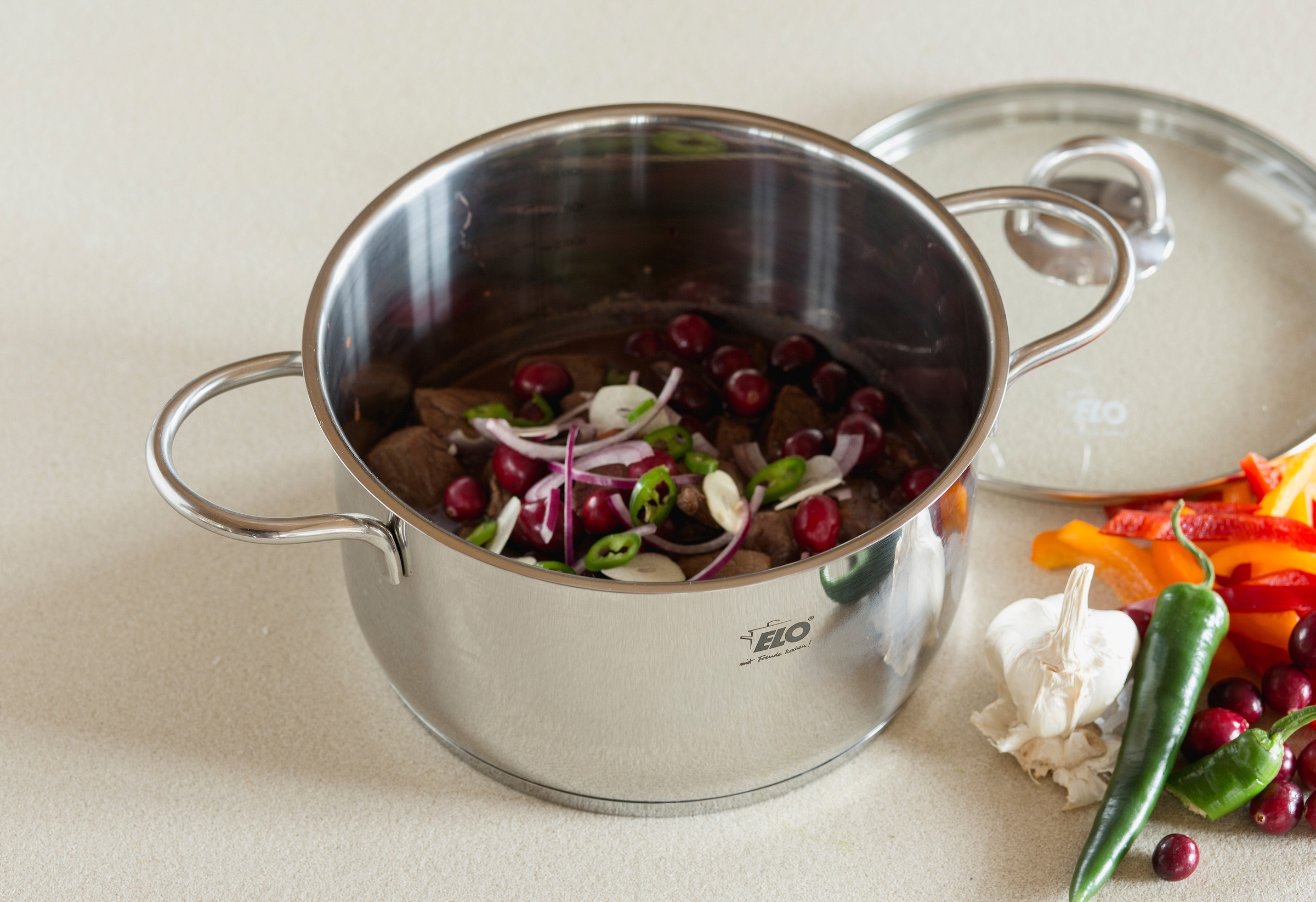 Elo Topf-Set »Rubin« Set, Bratentopf 20cm, Fleischtopf 16/20cm, Kasserolle 16cm, Gemüsetopf24 cm, 9 Stk. tlg. Edelstahl 18/10