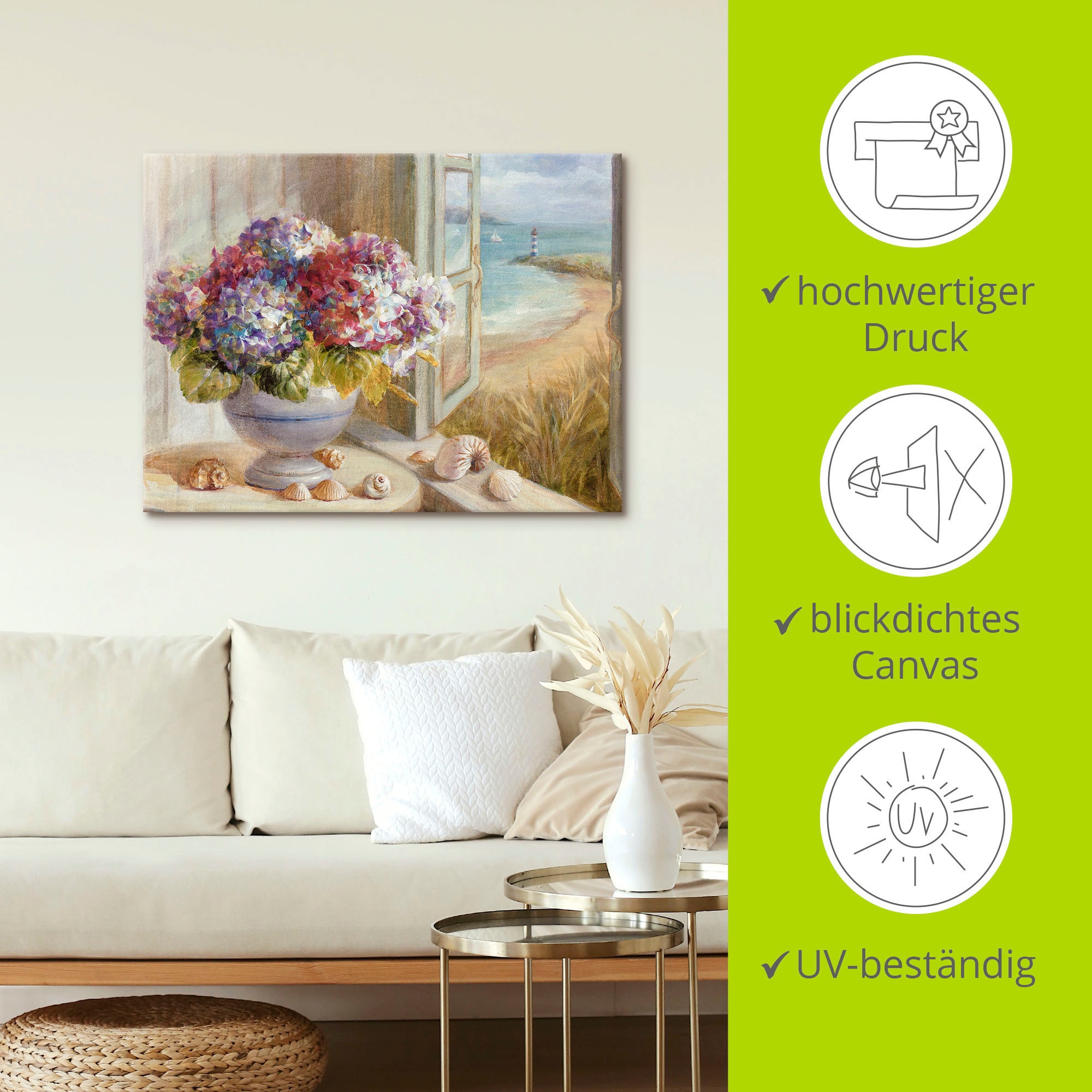 Artland Leinwandbild »Küsten Hortensie«, Arrangements, (1 St.), auf Keilrahmen gespannt