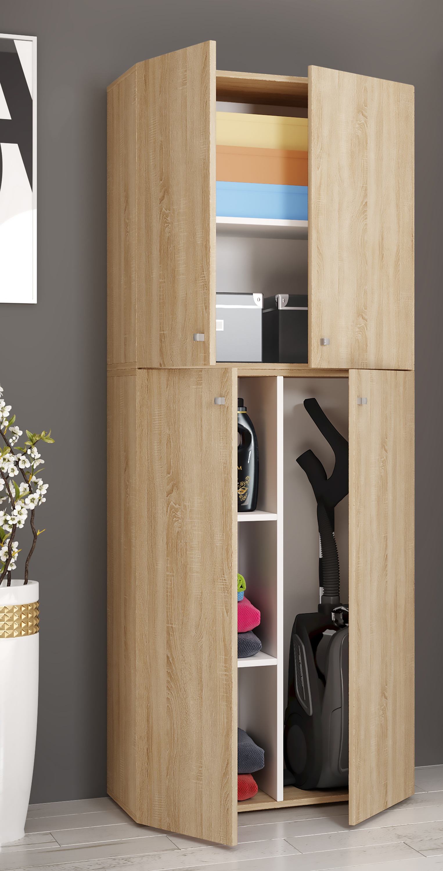 VCM Mehrzweckschrank »VCM Holz Besenschrank | 6 Fächer | Haushaltsschrank | Maße: B. 70 x H. 184 x T. 40 cm | 4 Drehtüren - Lona« 1 Stk. tlg.