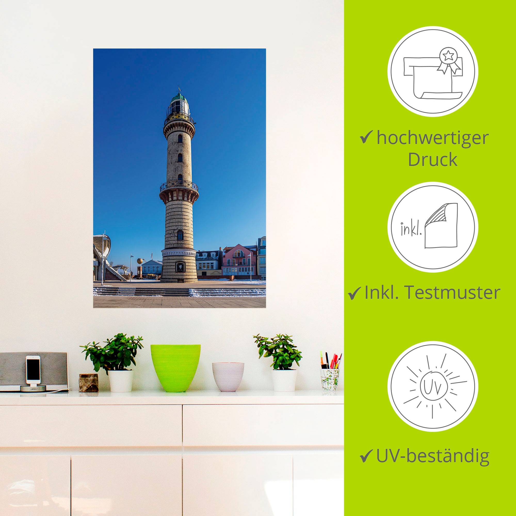 Artland Wandbild »Leuchtturm in Warnemünde im Winter«, Gebäude, (1 St.), als Alubild, Leinwandbild, Wandaufkleber oder Poster in versch. Größen
