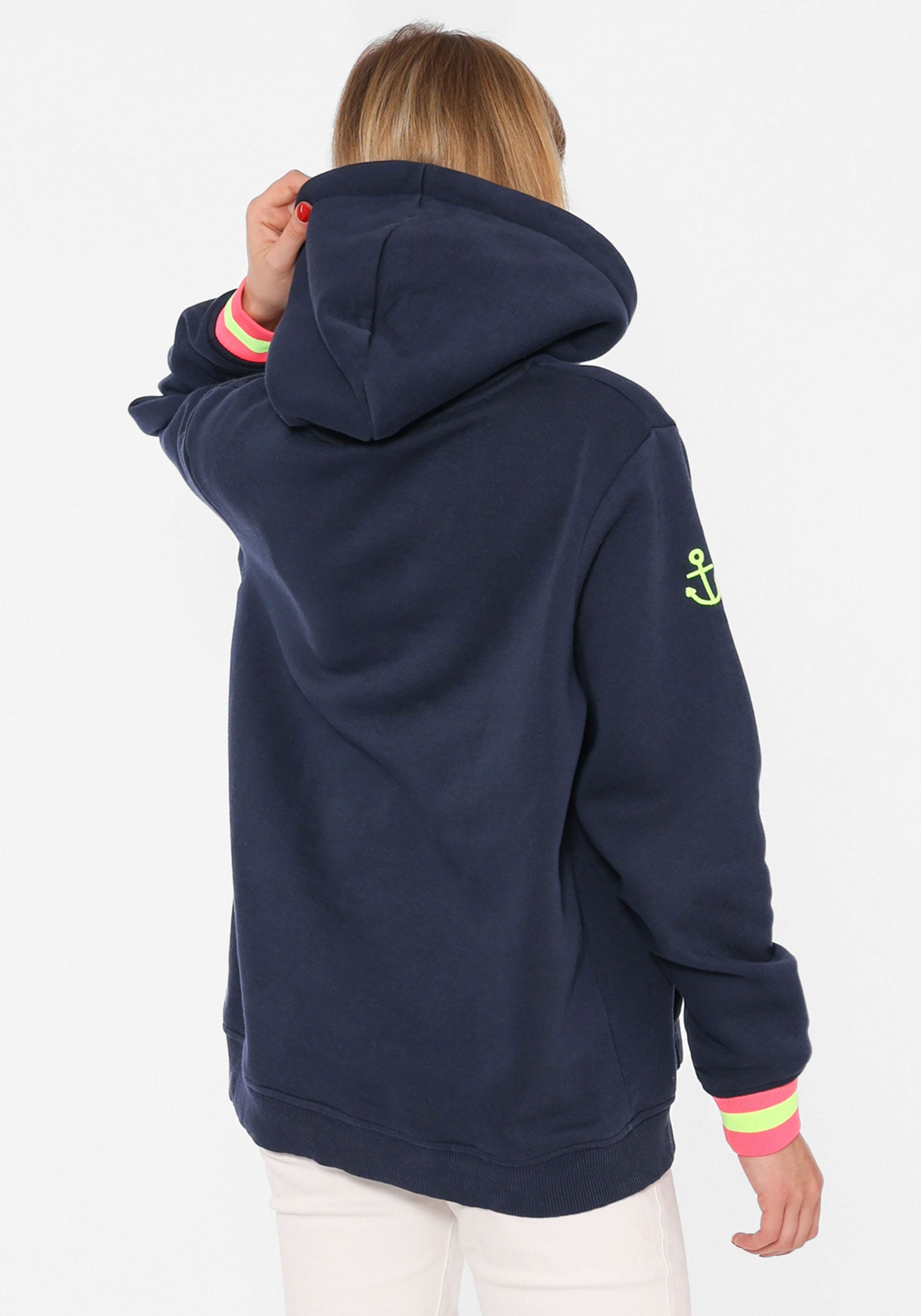 Zwillingsherz Hoodie, mit Aufschrift Moin und Anker in Neonfarben