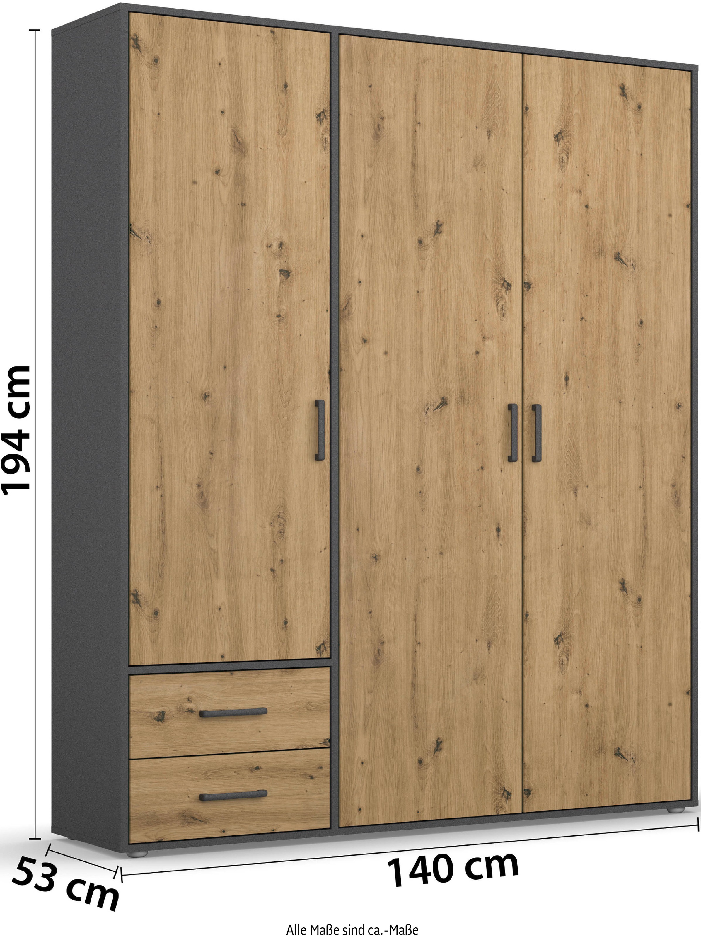 rauch Drehtürenschrank »Kleiderschrank Schrank Garderobe Wäscheschrank VOYAGER«, (in 3 verschiedenen Ausstattungen BASIC/CLASSIC/PREMIUM), moderne Griffe in Graumetallic mit Außenschubkästen MADE IN GERMANY