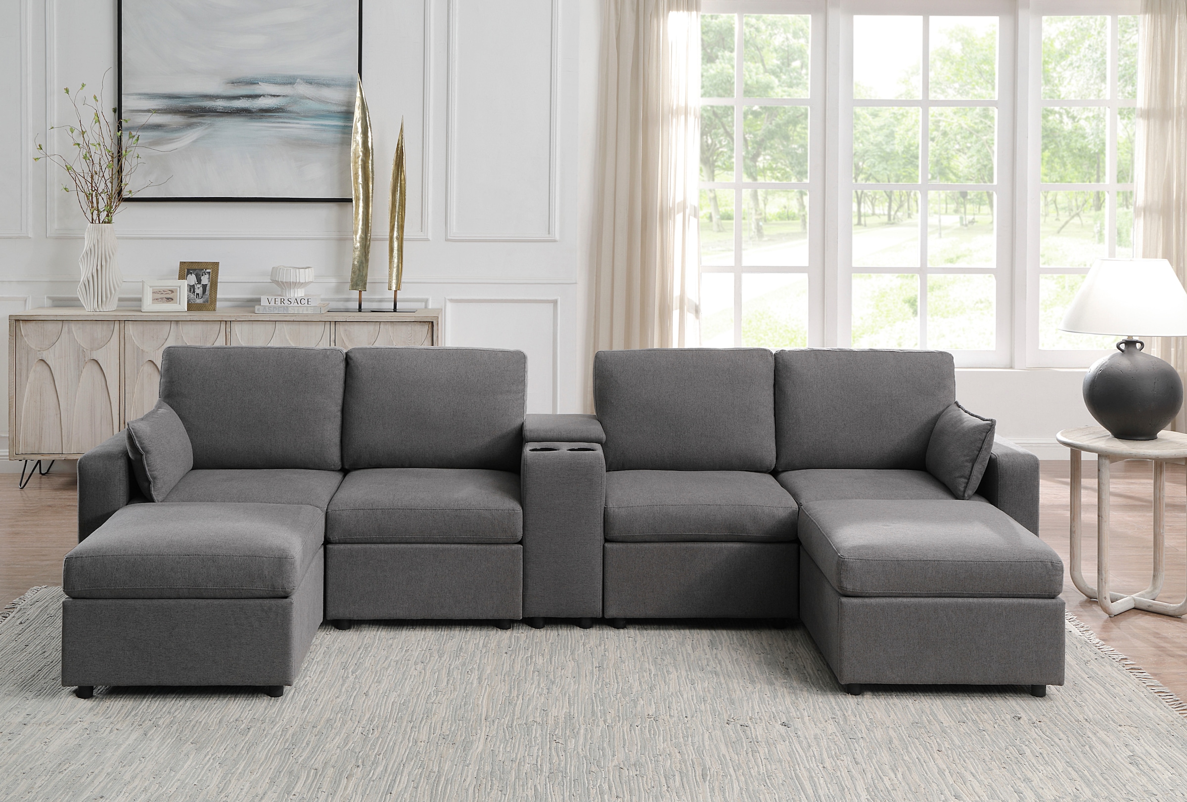 OTTO home Wohnlandschaft "Ulrik, U-Form, Breite: 315cm" mit Stauraum unter den Sitzen, inkl Stauraumkonsole mit Becherhaltern