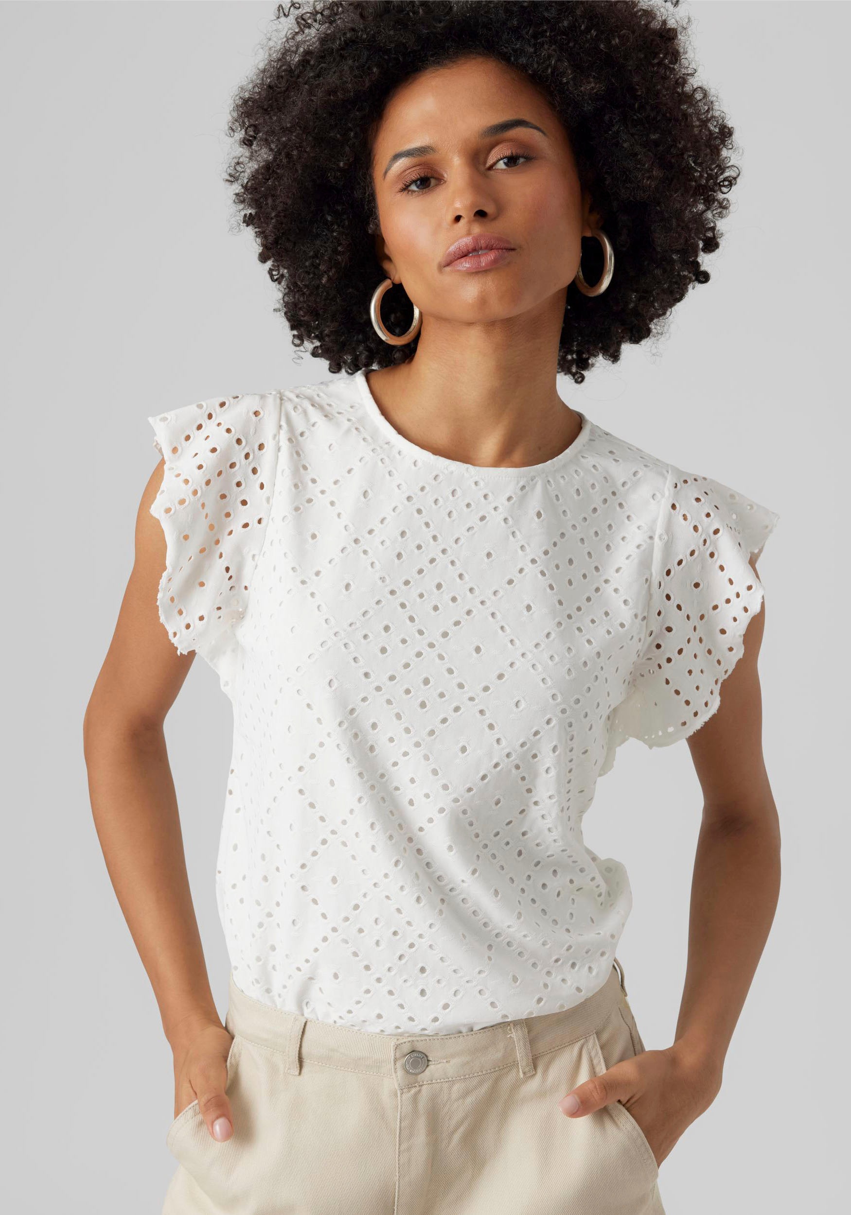 Vero Moda Rundhalsshirt »VMTASSA SL FRILL TOP NOOS« Materialmix, loose fit