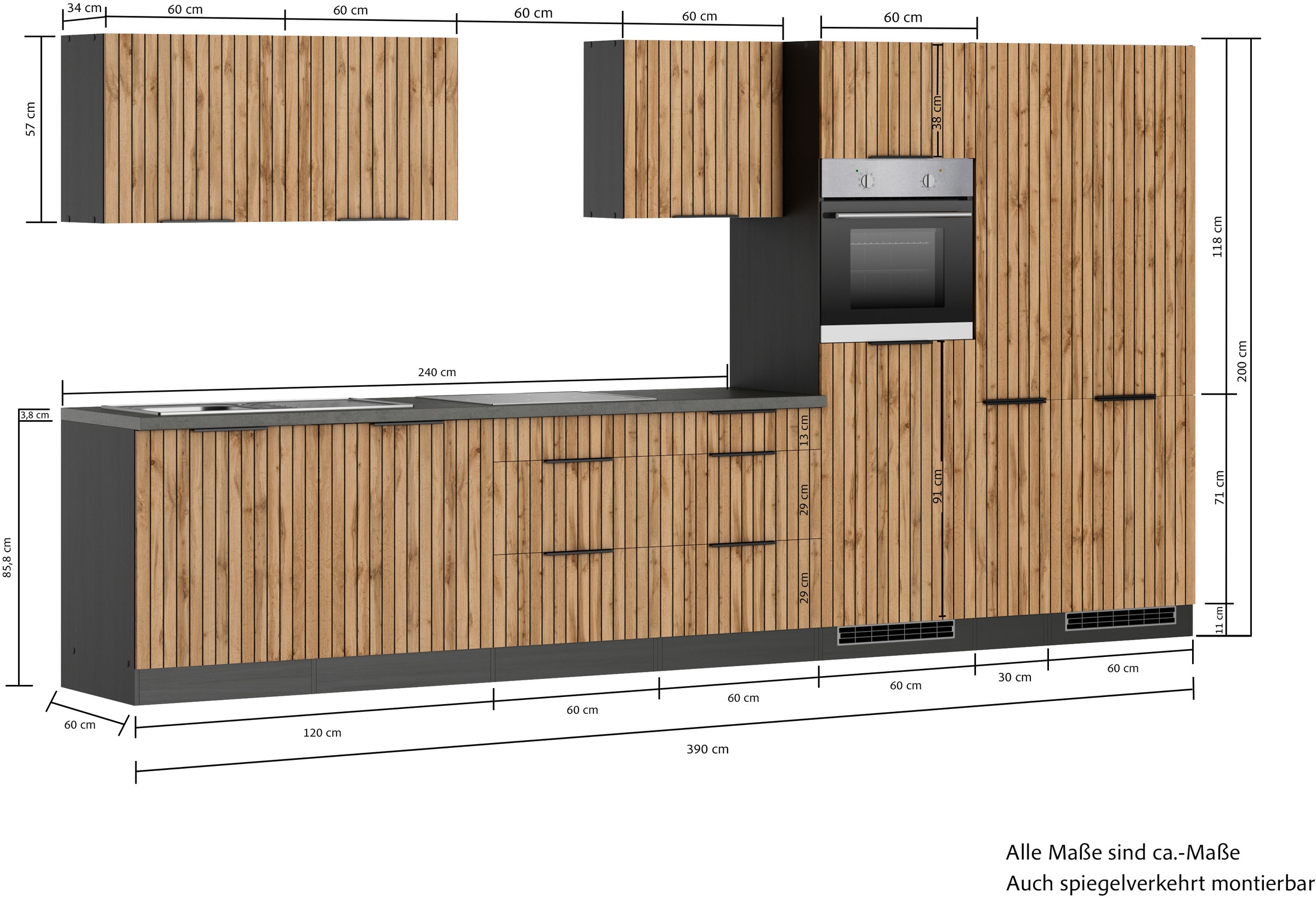 KOCHSTATION Küchenzeile »KS-Lagos, Breite 390 cm, wahlweise mit E-Geräten« Ceran-oder Induktionskochfeld, Spüle edelstahl oder schwarz