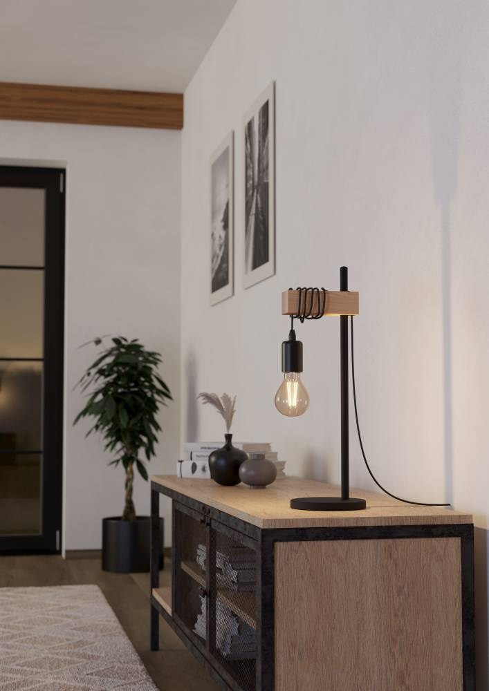 EGLO Tischleuchte »TOWNSHEND Tischlampe, Holz, Stahl, Retro, Industrial, Wickeloptik«, 1 flammig, Leuchtmittel E27 | ohne Leuchtmittel, Wohnzimmer, Nachttischlampe, 1-flammig, schwarz, braun, 50x15,5x17,5cm
